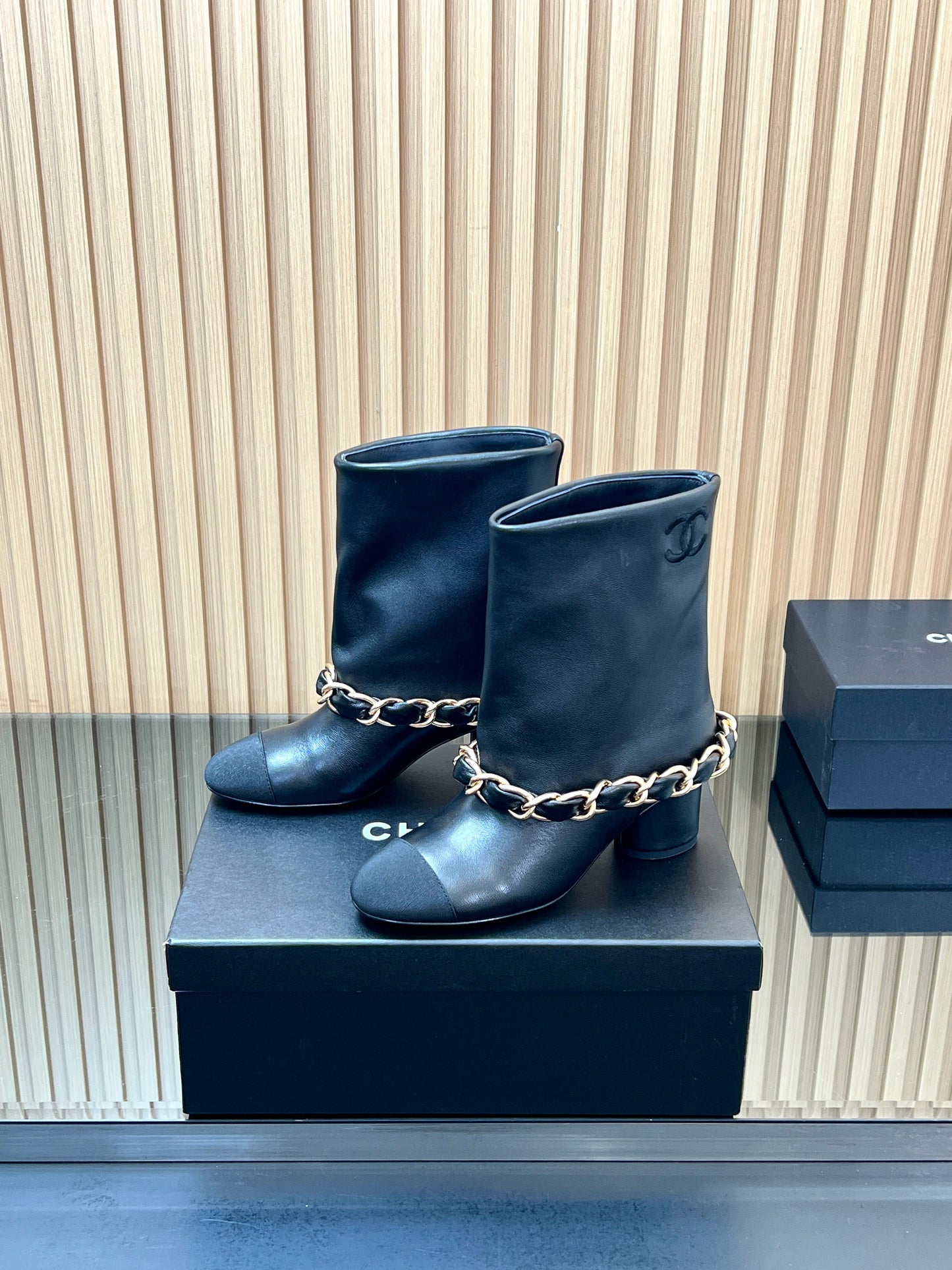 CHANEL 25S LOW BOOTS 65MM IN BLACK CALFSKIN GOLD HARDWRE