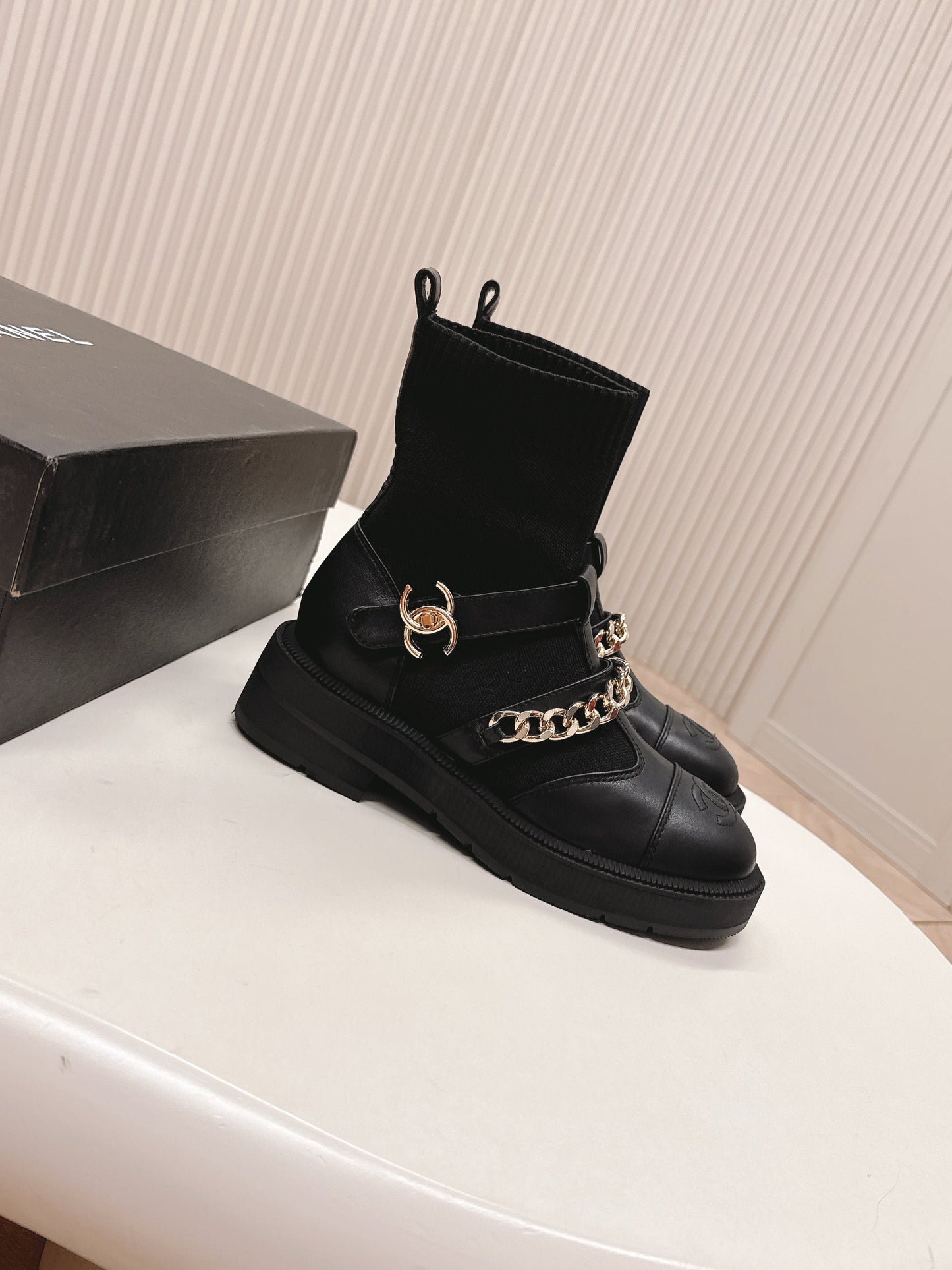 CHANEL ANKLE BOOTS 25S IN BLACK LAMBSKIN AND FABRIC WITH GOLD HARDWARE