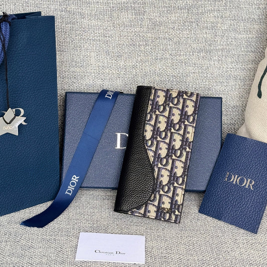 DIOR VERTICAL BIFOLD WALLET 19 IN BLACK GRAINED CALFSKIN MIX BLUE MONOGRAM OBLIQUE JACQUARD
