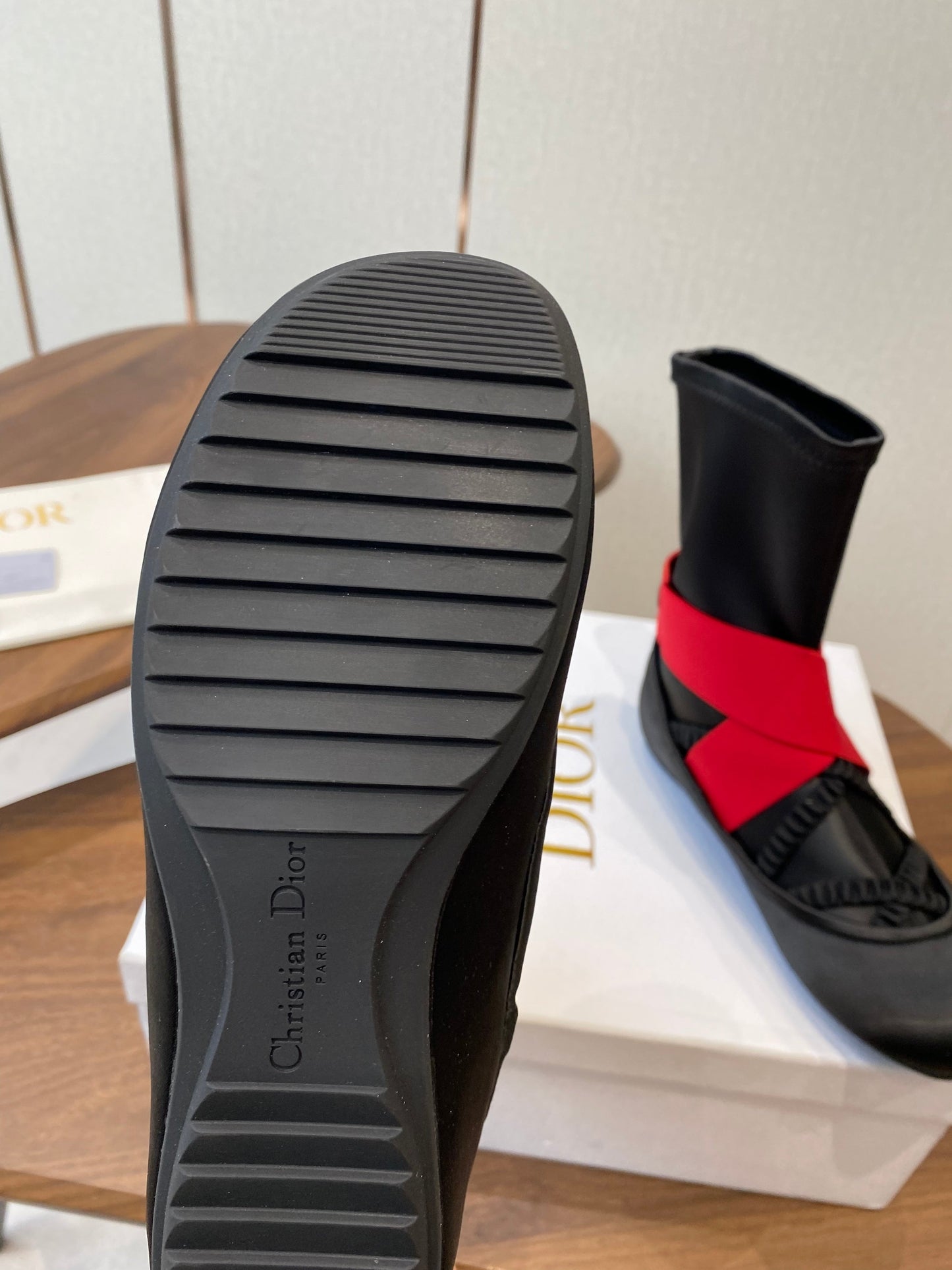 DIOR 25S STRETCH BALLET BOOTS IN BLACK AND RED SATIN