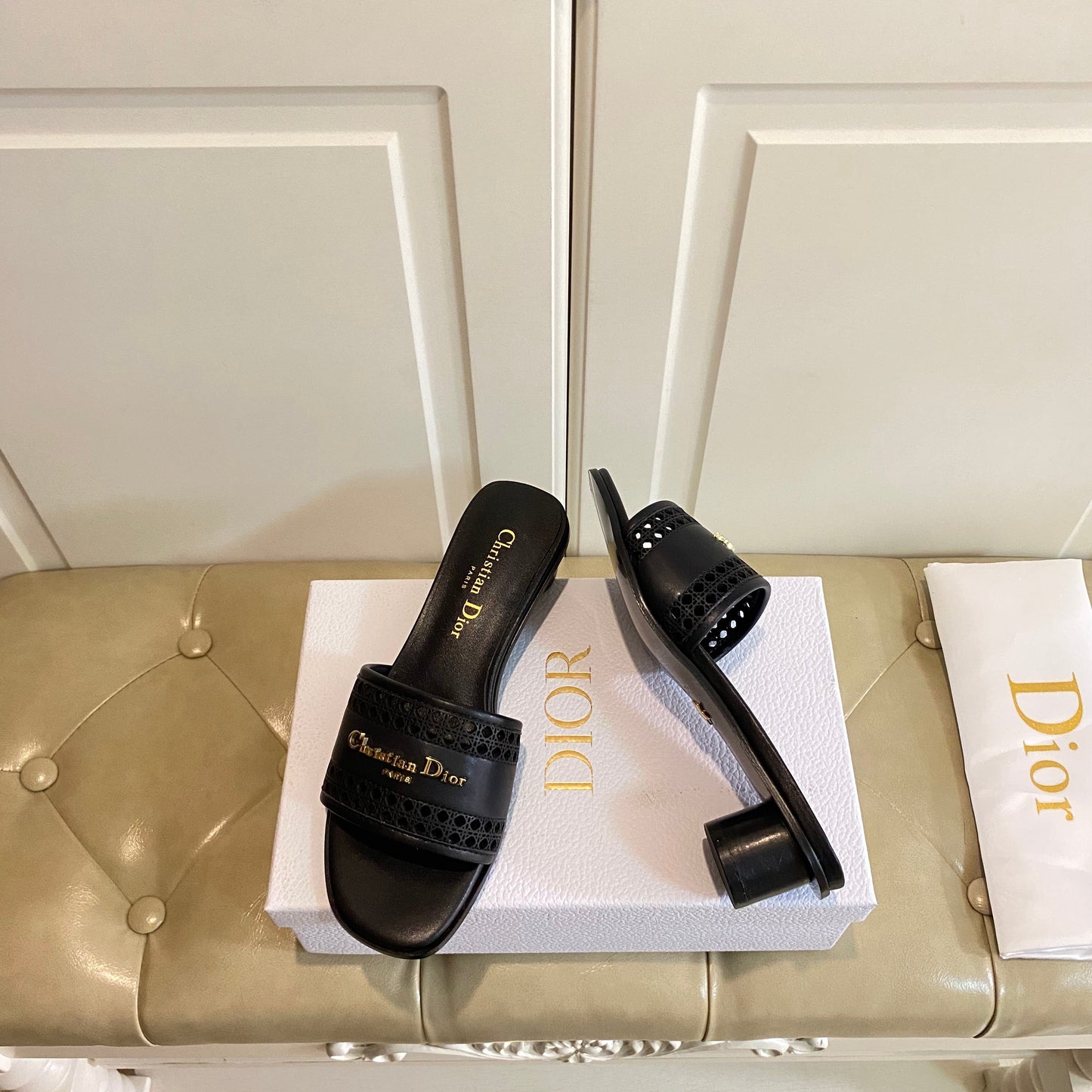 DIOR DWAY HEELED SLIDE IN BLACK CALFSKIN WITH GOLD LOGO