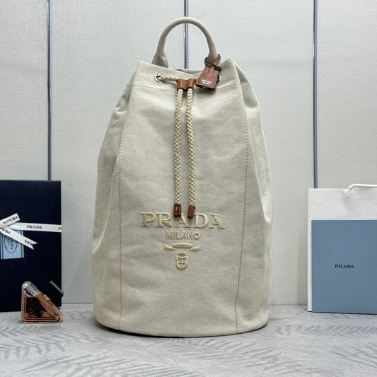 PRADA 25S DRAWSTRING BACKPACK 55 IN BEIGE CANVAS LINEN SILVER HARDWRE