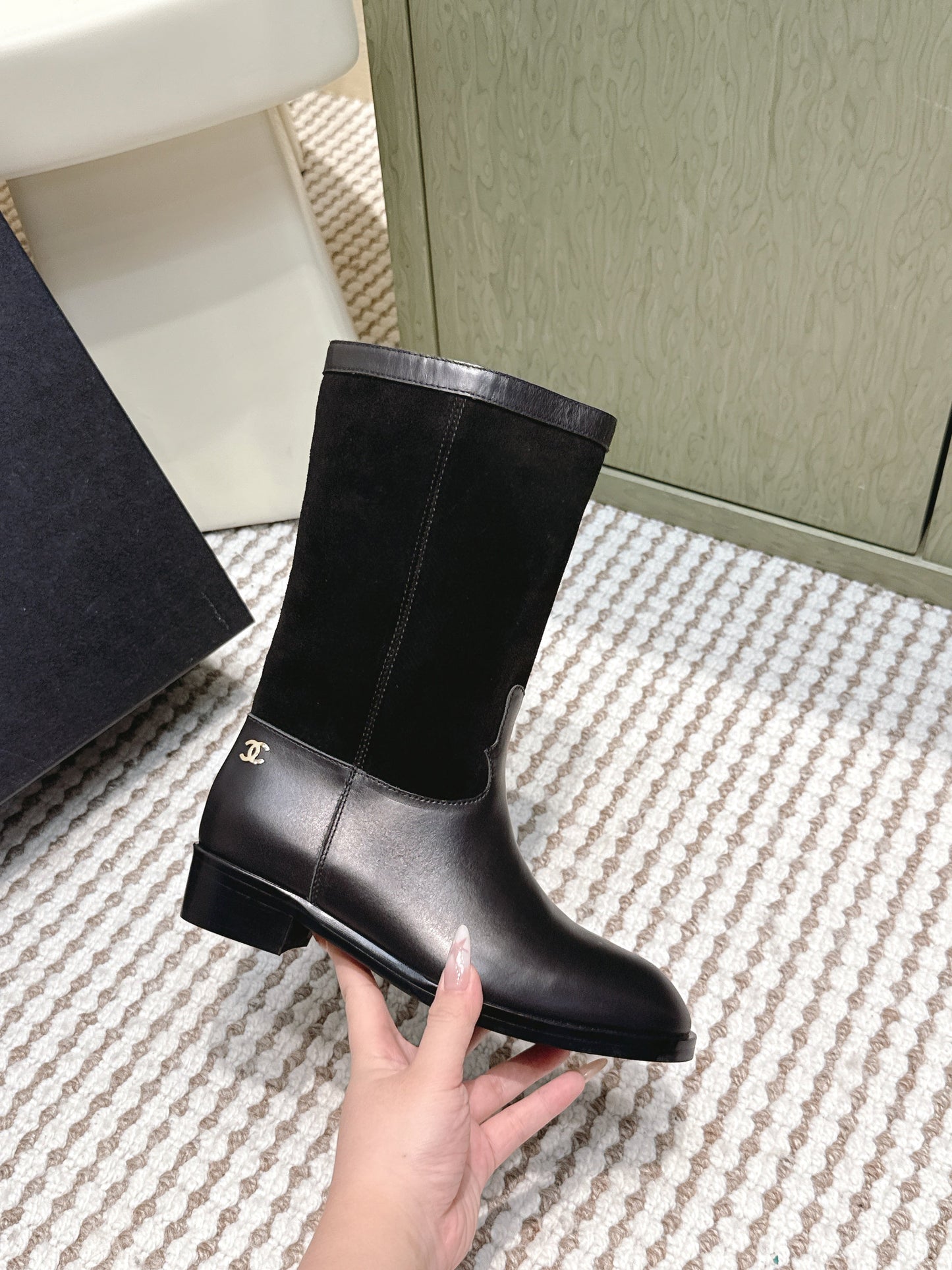 CHANEL 25S MID-CALF BOOTS IN BLACK SUEDE MIX CALFSKIN