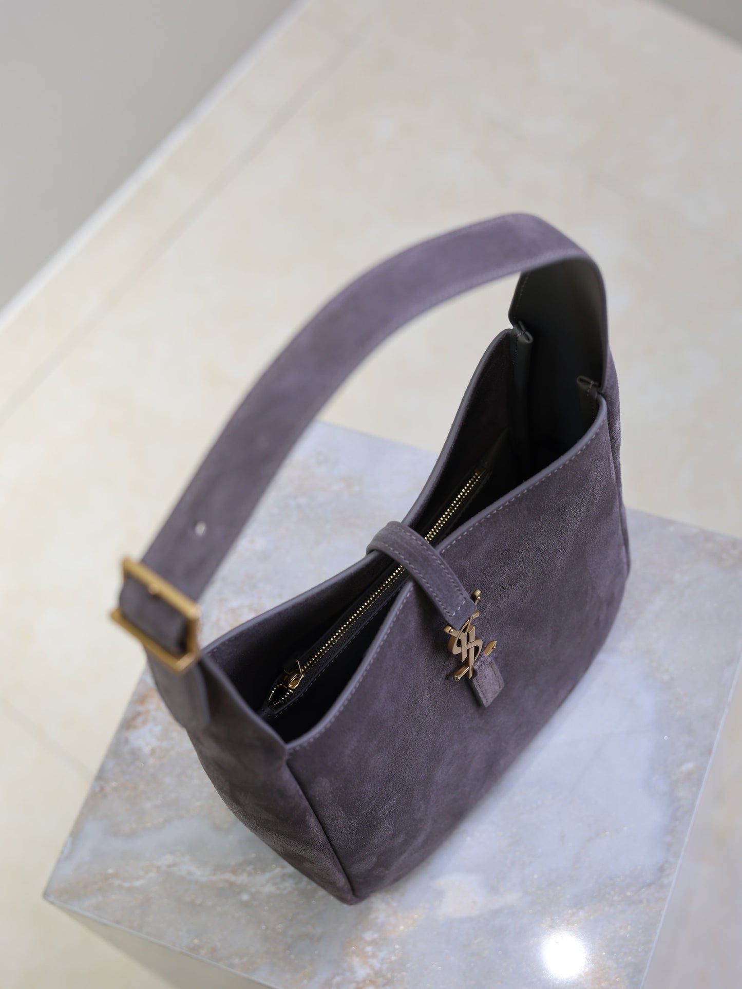 YSL 25S LE 5 À 7 SUPPLE SMALL 23 IN DARK GRAY SUEDE GOLD HARDWARE