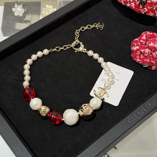 18K  Chanel Red Crystal Pearl Choker Necklace