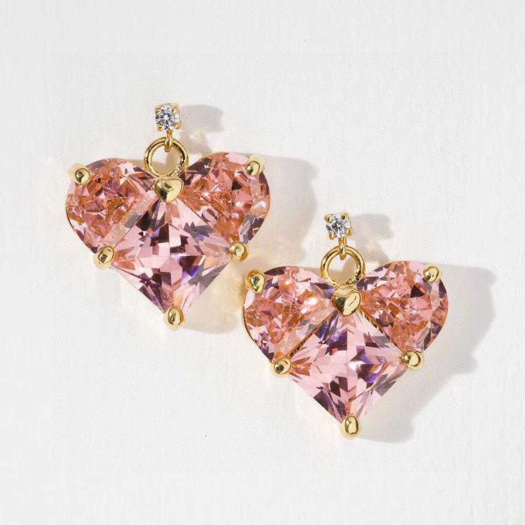 18K Celine Pink Crystal Heart Earrings
