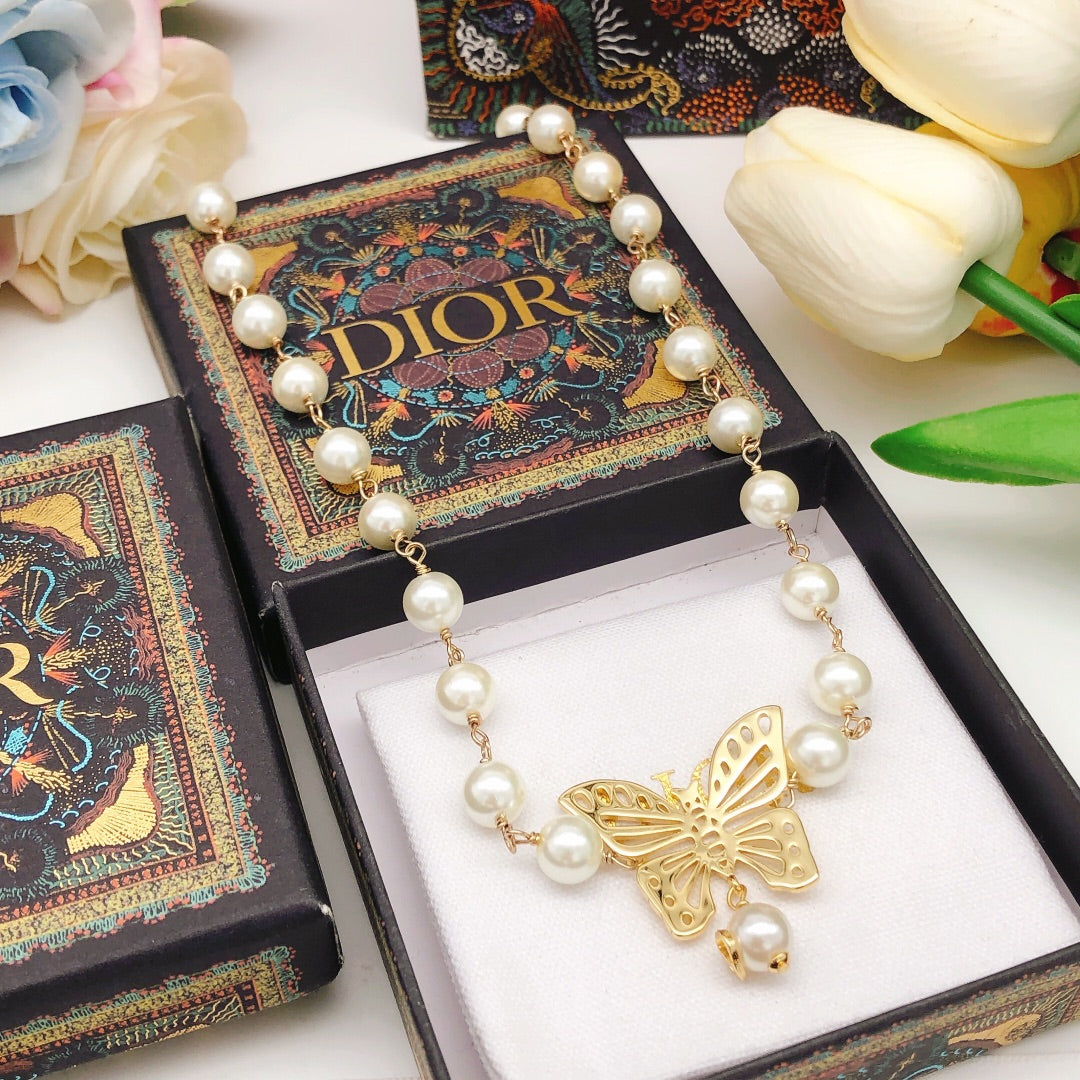 18K Dior Butterfly Pearl Chain Necklace