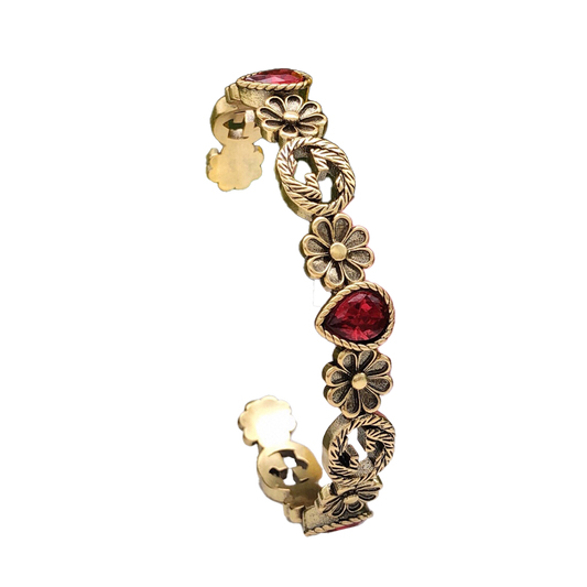 18K Double Gucci Flowers Red Crystals Open Cuff Bracelet