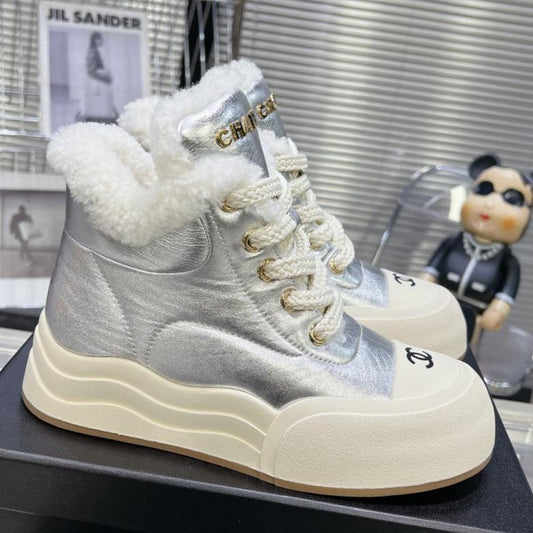 CHANEL MARTIN BOOTS IN SILVER CALFSKIN AND LAMB FUR LINING