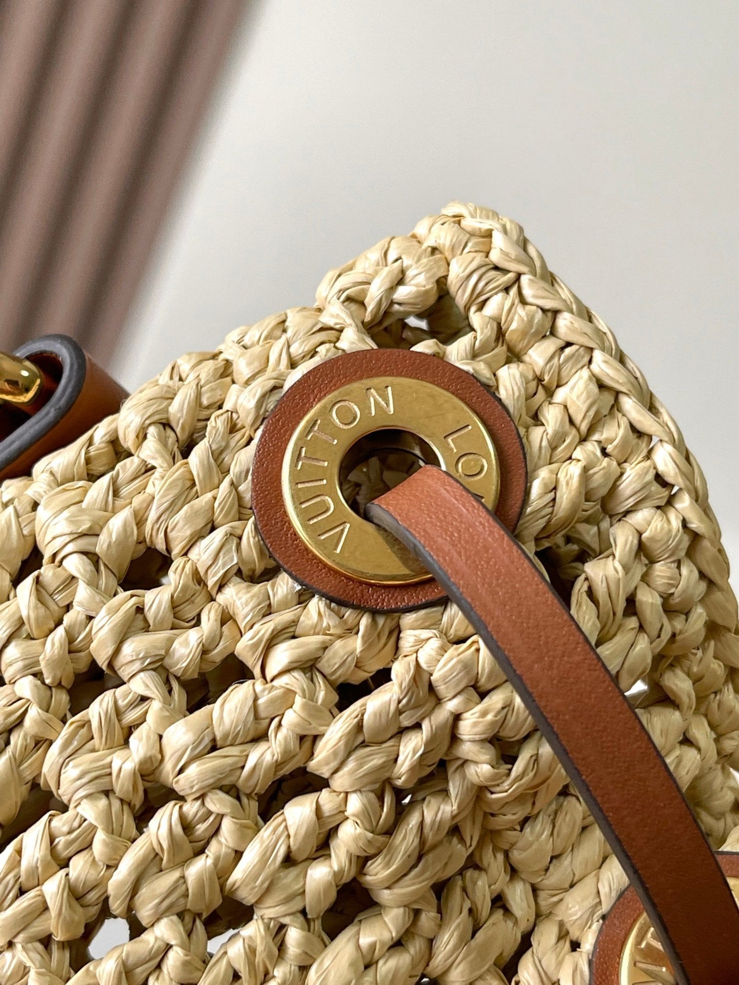 LOUIS VUITTON NOÉ PURSE 24 IN BEIGE CROCHETED RAFFIA AND BROWN CALFSKIN TRIM