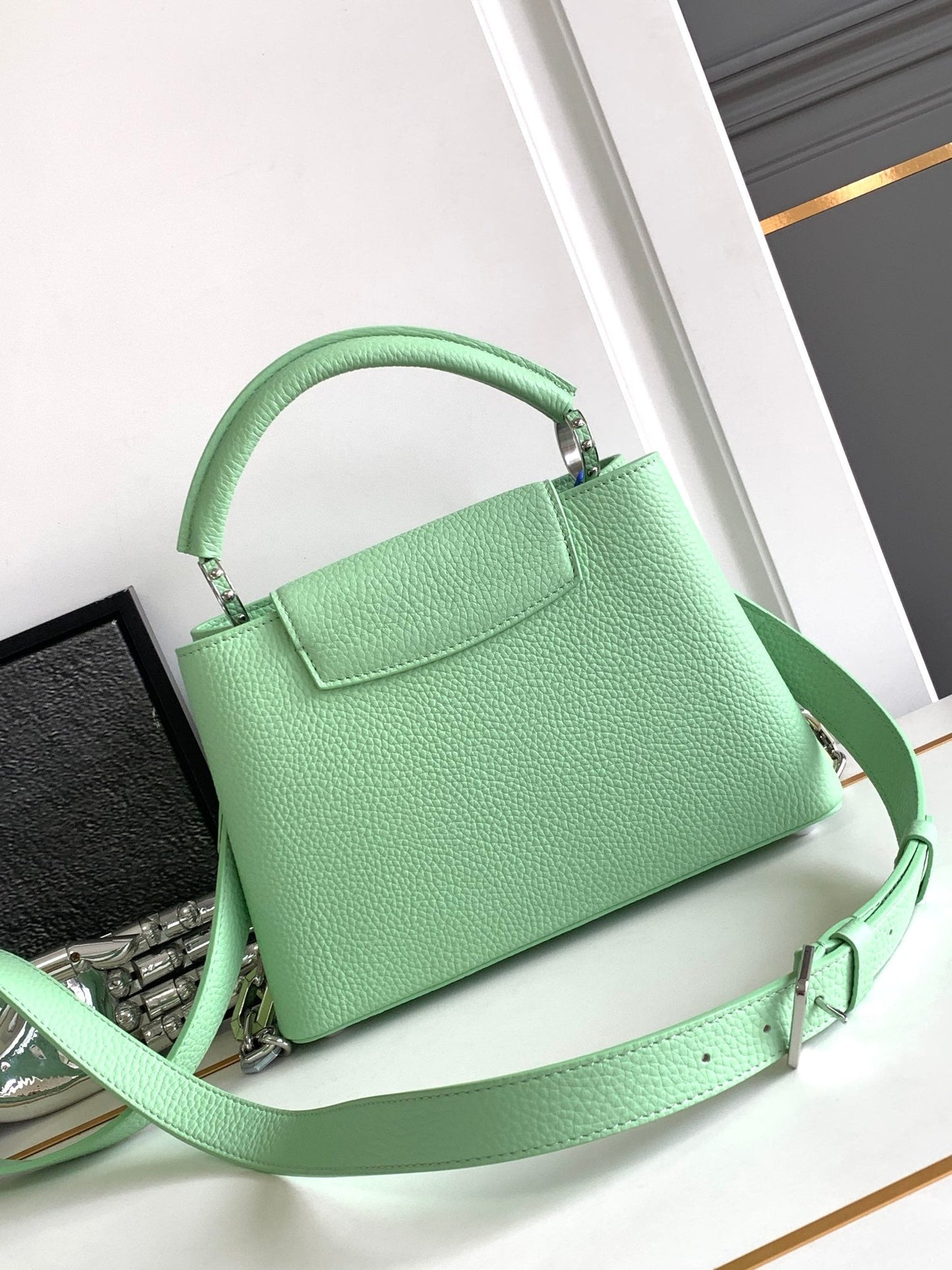 LOUIS VUITTON CAPUCINES BB 27 IN LIGHT GREEN TAURILLON SILVER HARDWARE