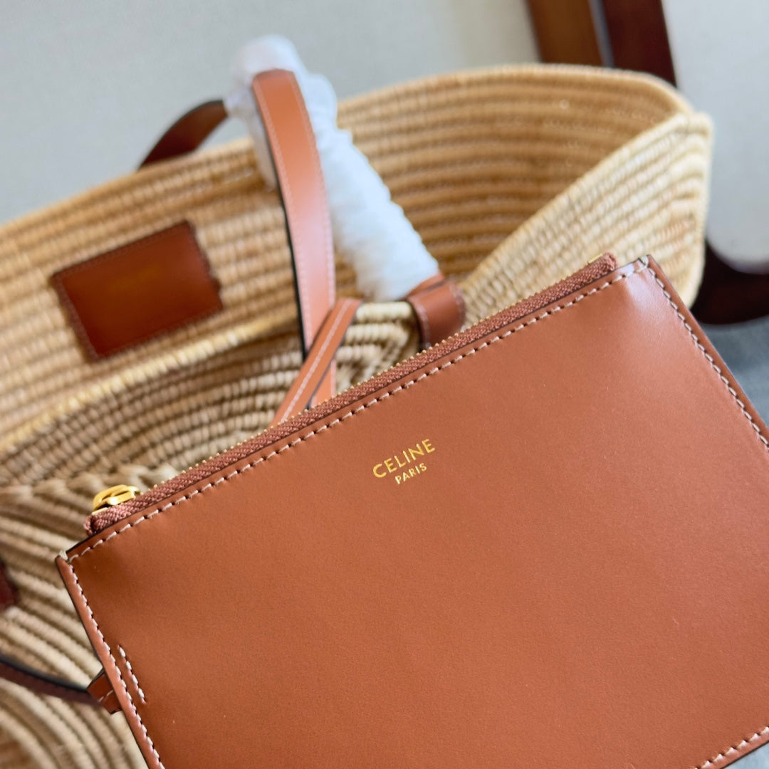 CELINE CLASSIC PANIER MEDIUM BRAIDED TRIOMPHE 47 IN BEIGE RAFFIA AND CALFSKIN