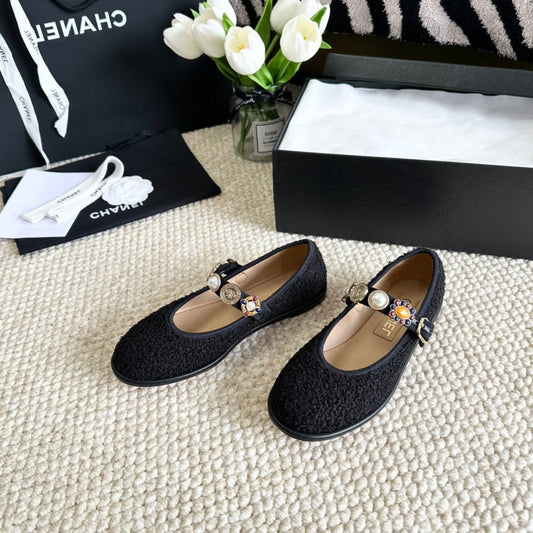 CHANEL MARY JANES BLACK WOOL TWEED AND FABRIC