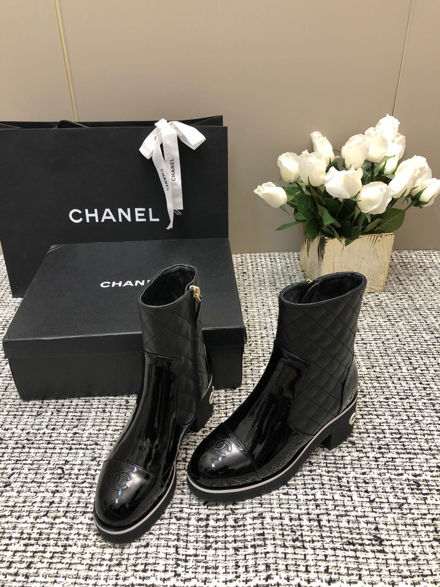 CHANEL ROUND-TOE SHORT BOOTS BLACK SHEEPSKIN