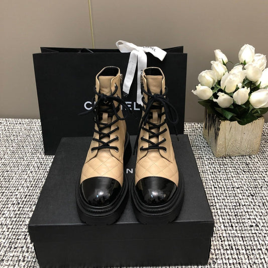 CHANEL SHORT BOOTS  BEIGE CREAM MIX BLACK SUEDE LAMBSKIN