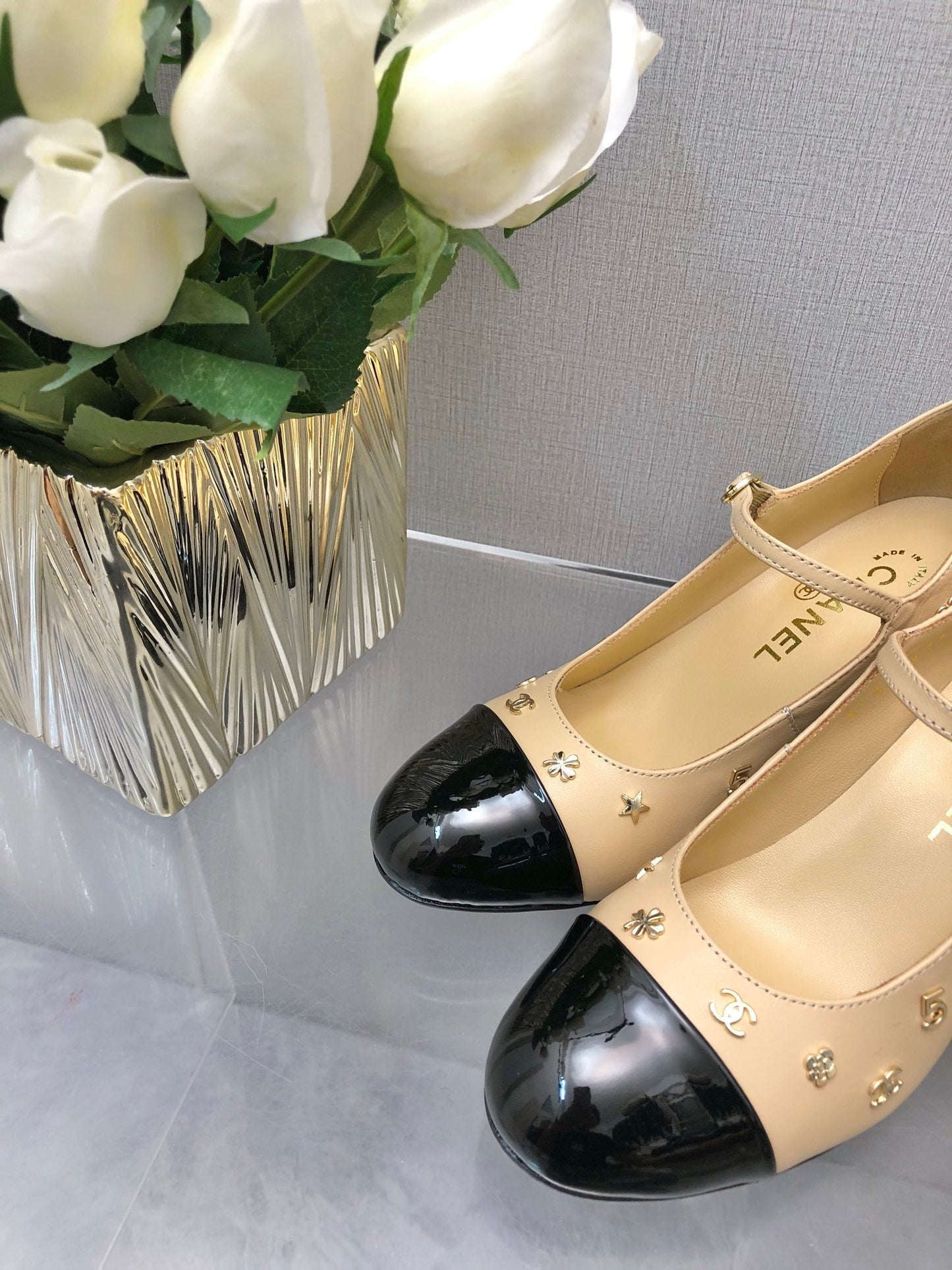 CHANEL MARY JANE BEIGE CREAM MIX BLACK LAMBSKIN ATTACH METAL