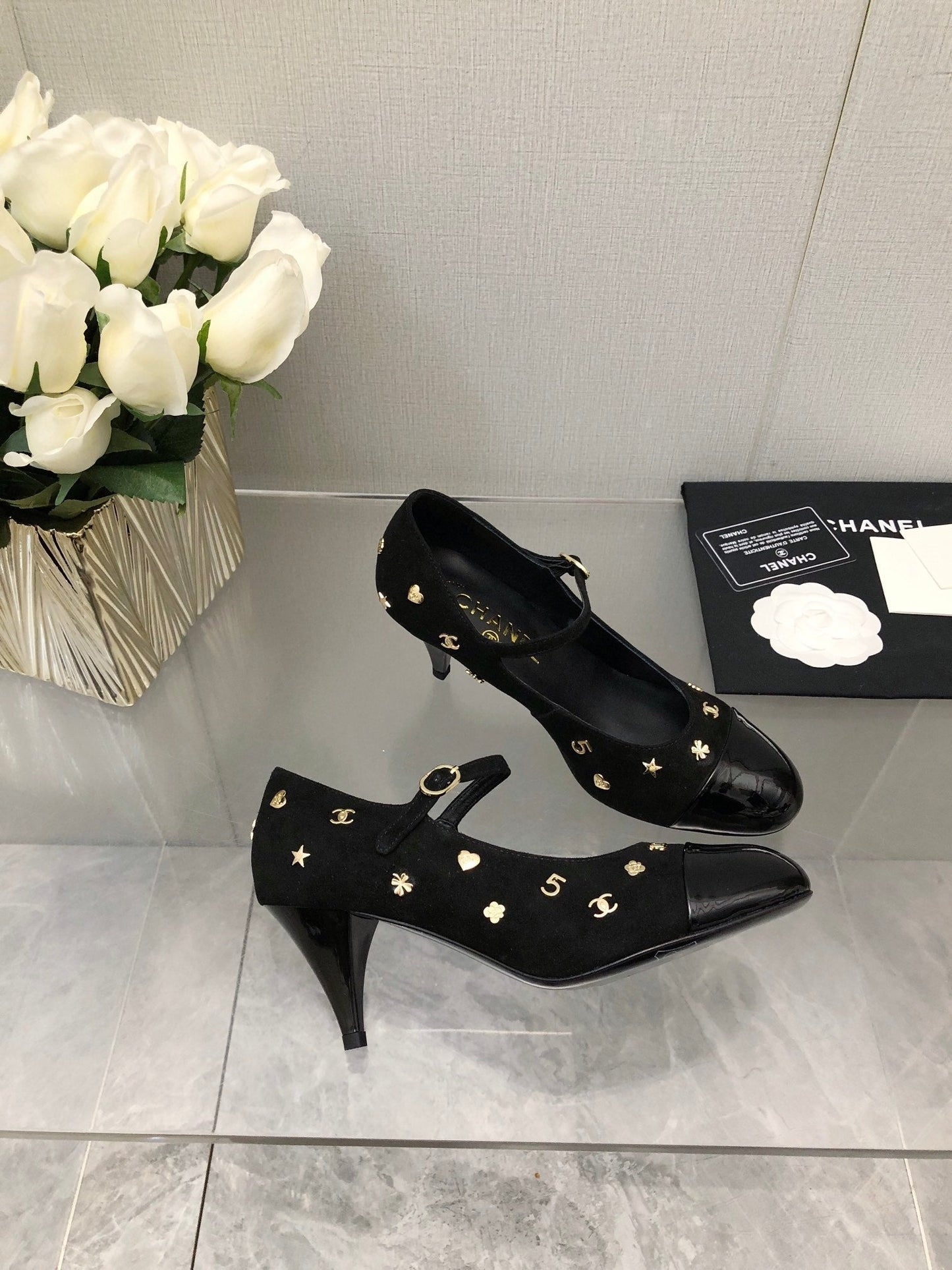 CHANEL MARY JANE BLACK SUEDE AND LAMBSKIN ATTACH METAL