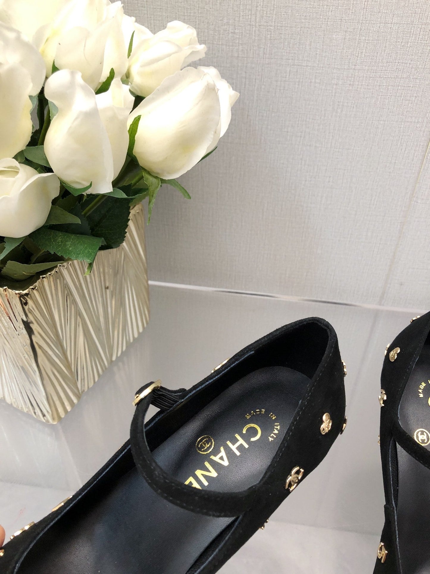 CHANEL MARY JANE BLACK SUEDE AND LAMBSKIN ATTACH METAL