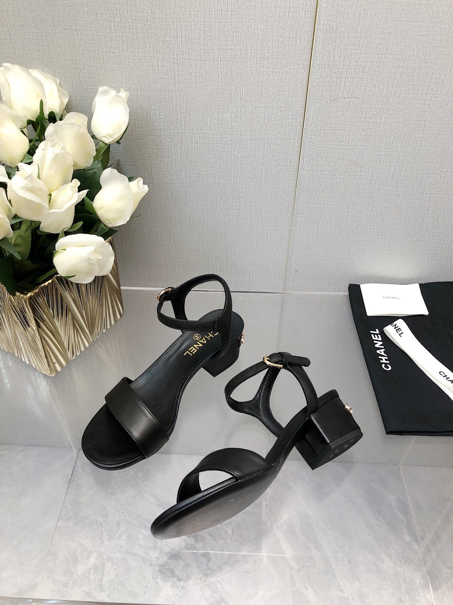 CHANEL BLOCK HEEL 5 CM SANDAL IN BLACK LAMBSKIN
