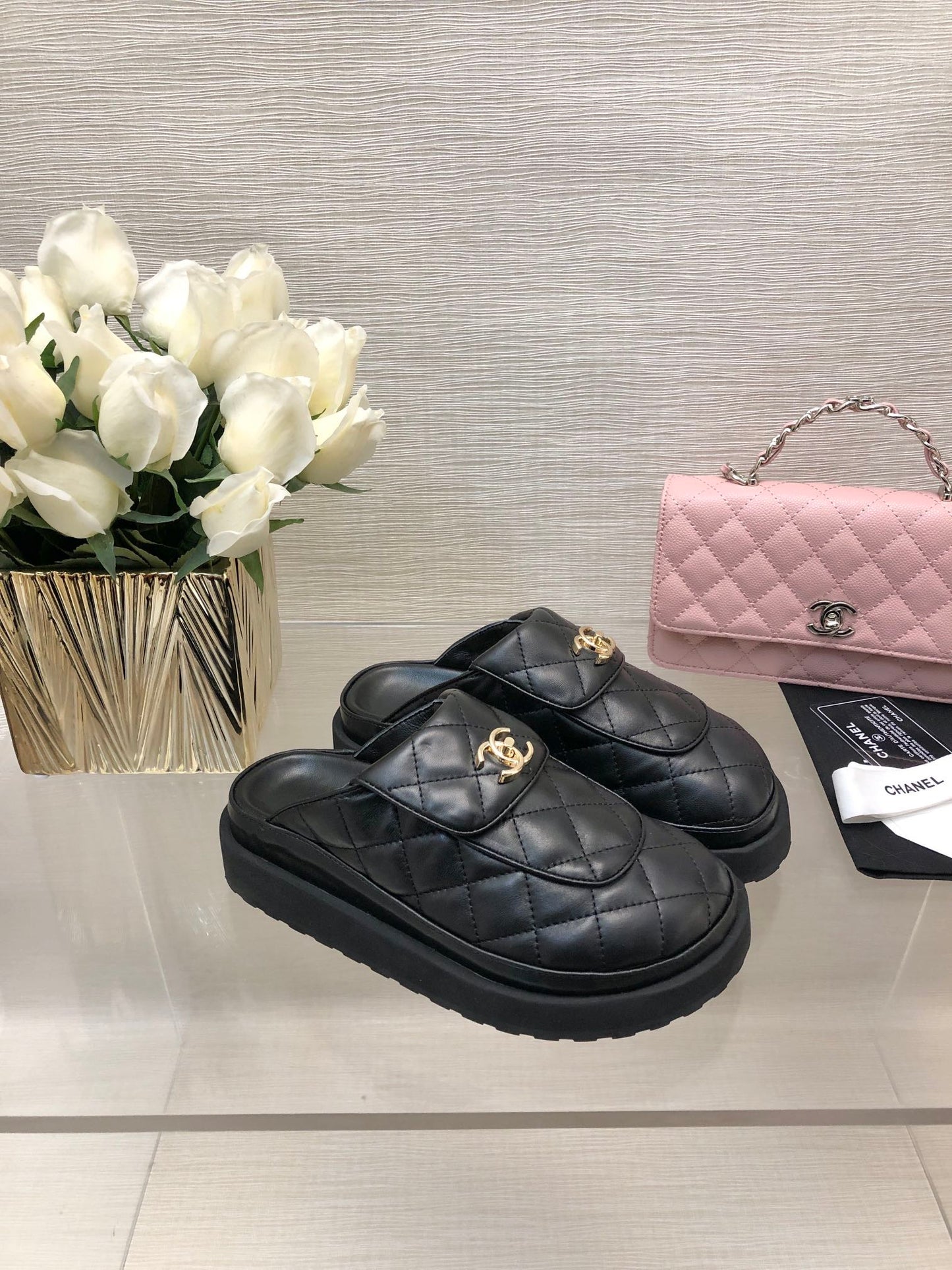 CHANEL TURNLOCK FLAP MULES BLACK LAMBSKIN
