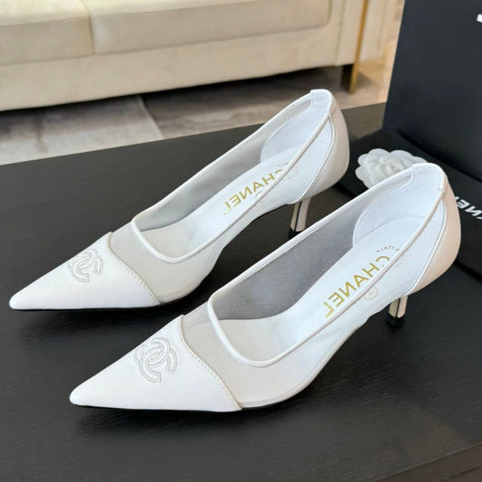 CHANEL MESH LOGO HEELS IN WHITE LAMBSKIN