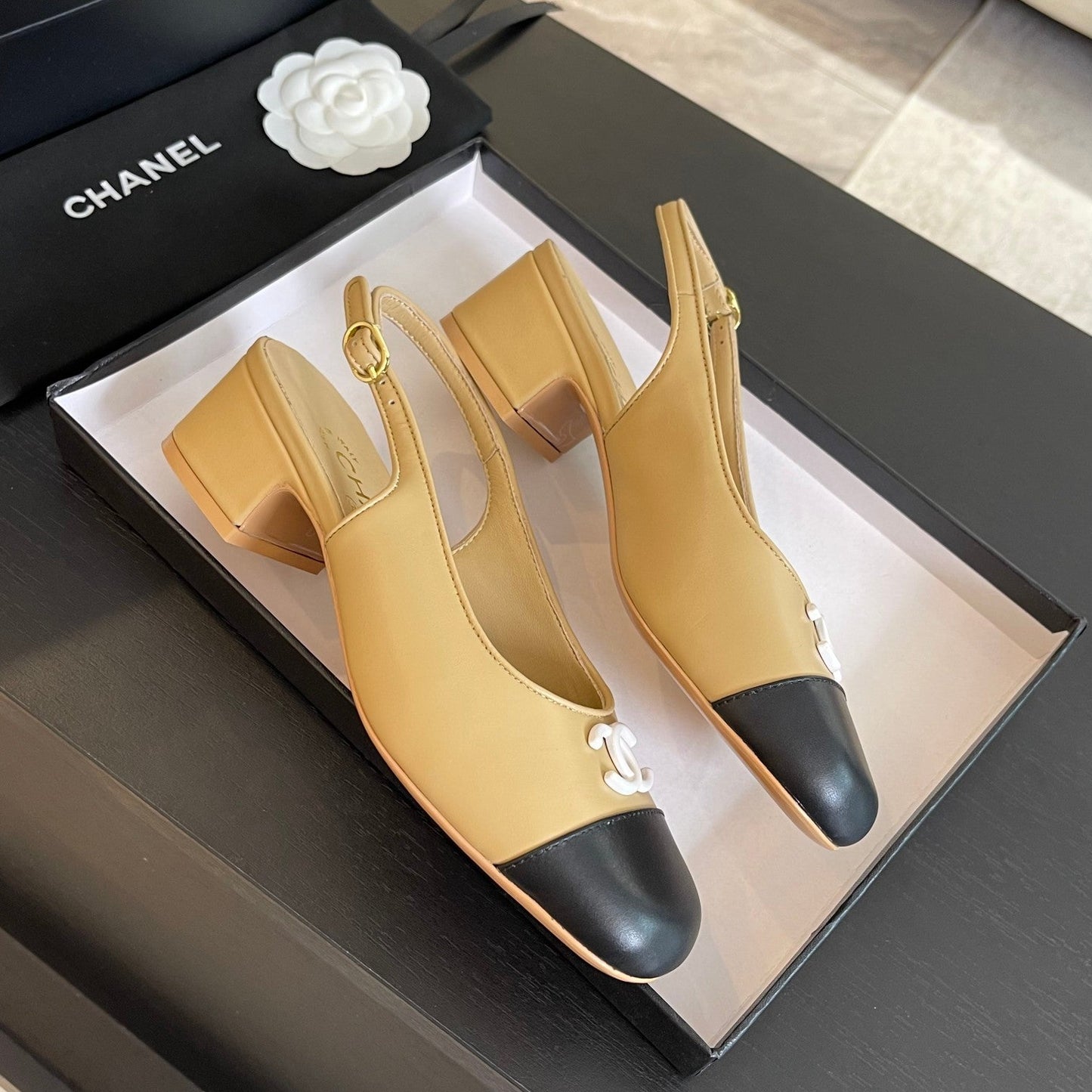 CHANEL SLINGBACKS IN DARK BEIGE MIX BLACK CALFSKIN