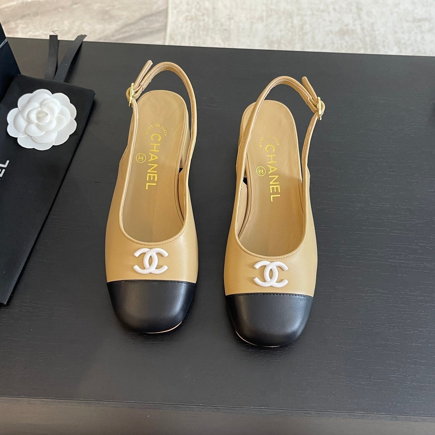 CHANEL SLINGBACKS IN DARK BEIGE MIX BLACK CALFSKIN
