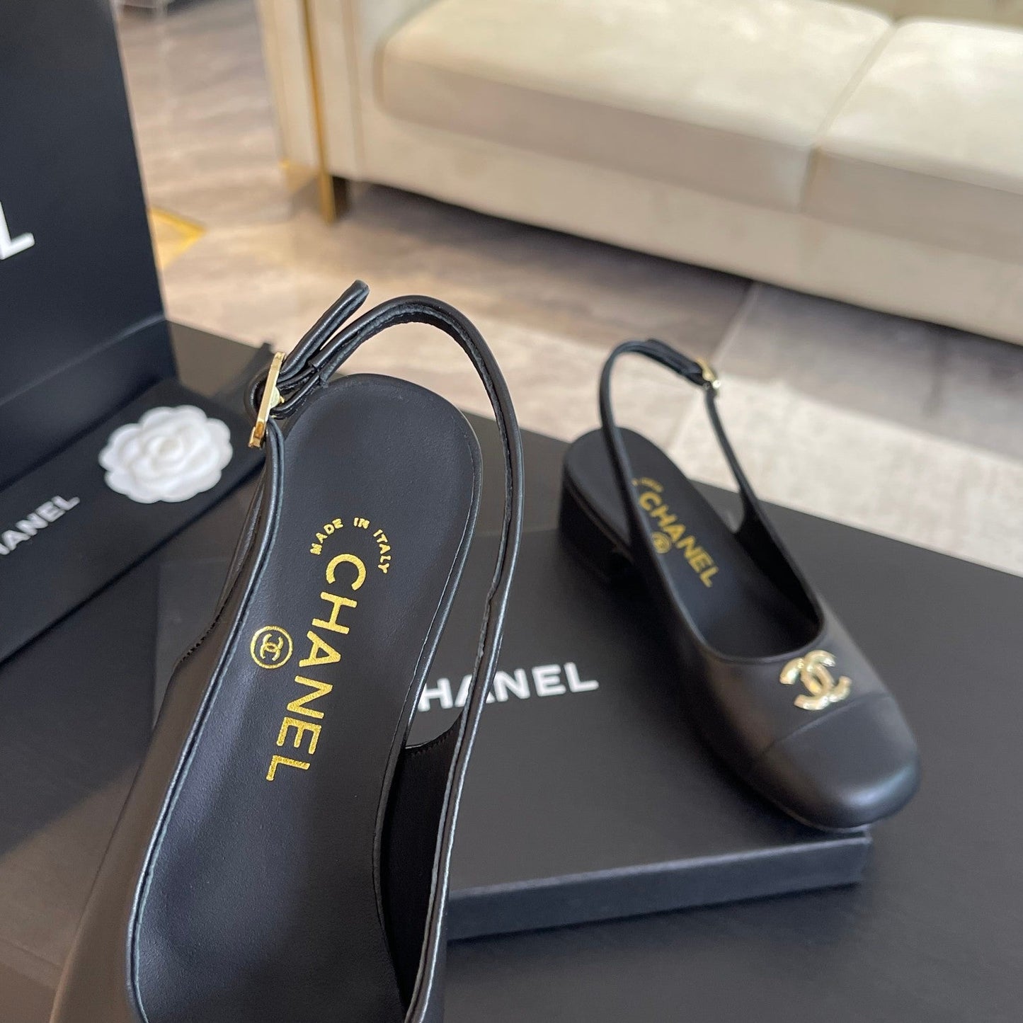 CHANEL SLINGBACKS IN BLACK CALFSKIN