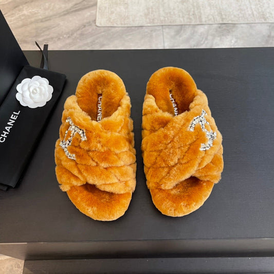 CHANEL SAFETY ORANGE FUR CROSS STRAP SLIPPERS