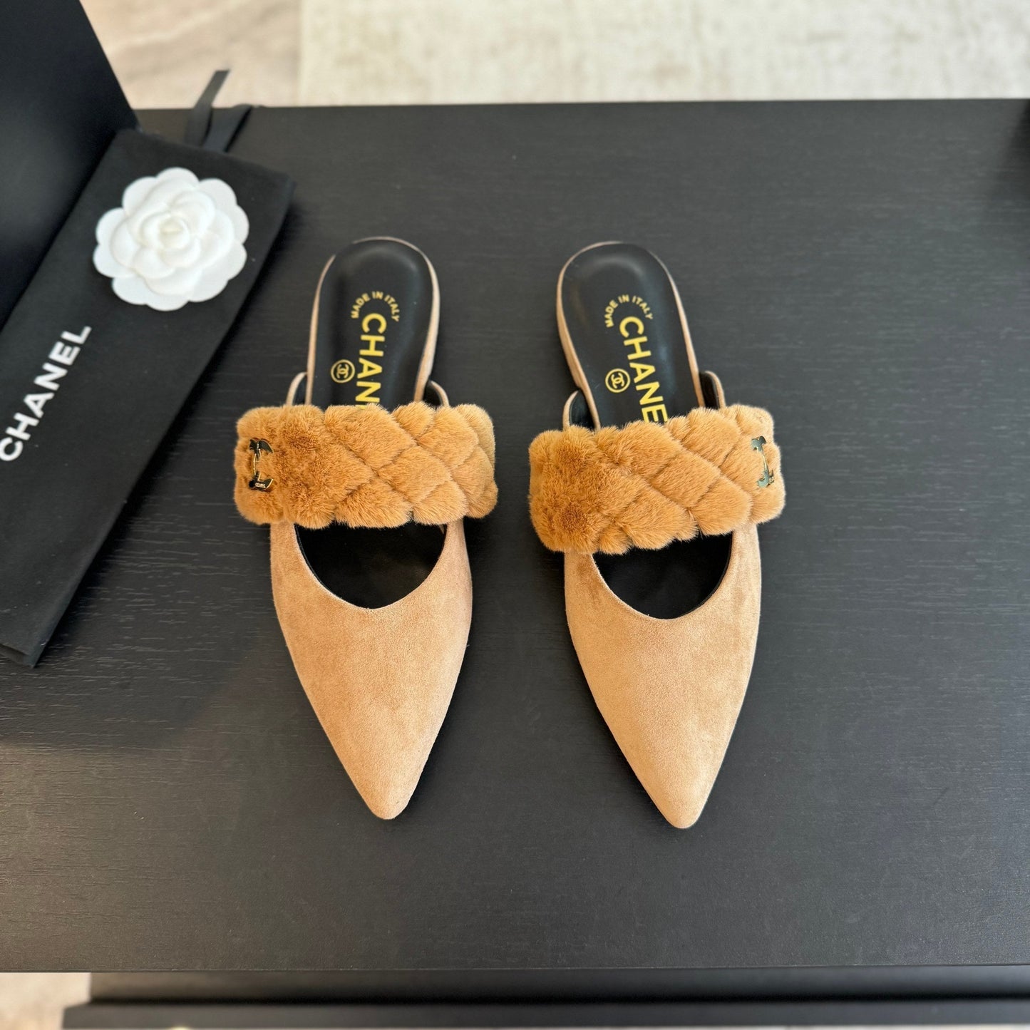 CHANEL MULE IN SEPIA BEIGE SMOOTH FLEECE WITH GOLD HARDWARE
