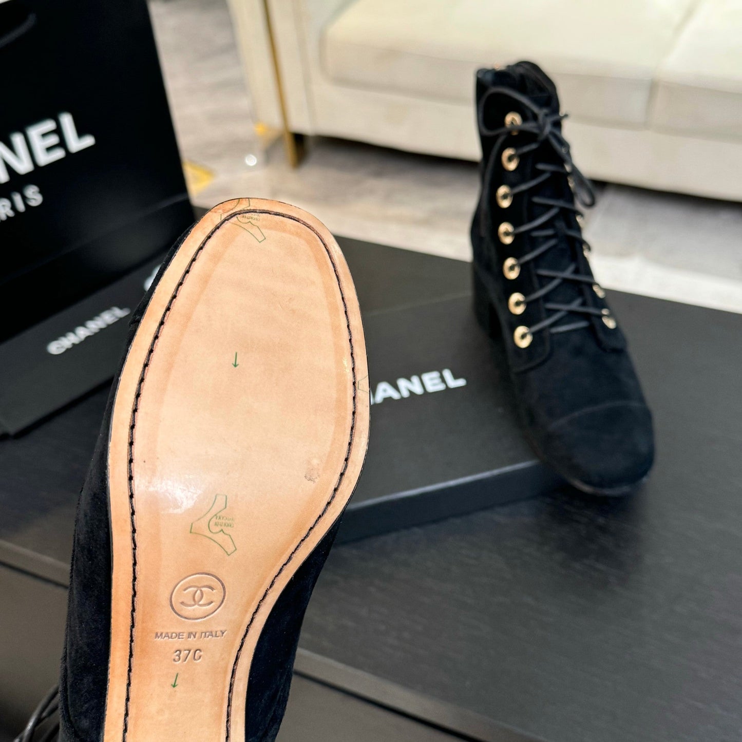 CHANEL LACE-UP SHORT BOOTS IN BLACK SUEDE