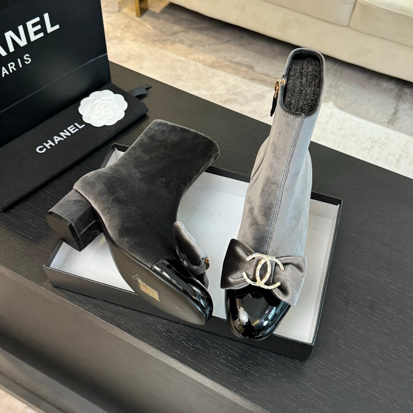 CHANEL SHORT BOOTS IN DOLPHIN GRAY VELVET AND BLACK LAMBSKIN