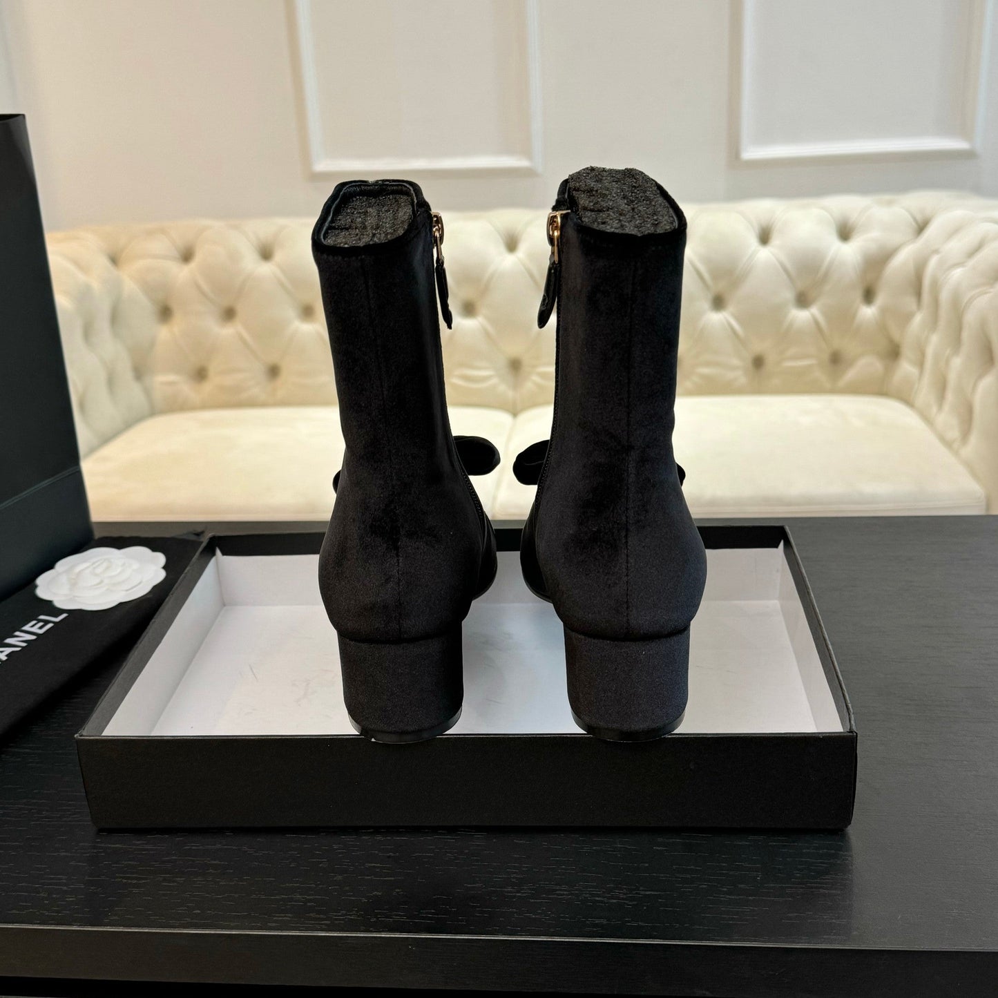 CHANEL SHORT BOOTS IN BLACK VELVET AND LAMBSKIN