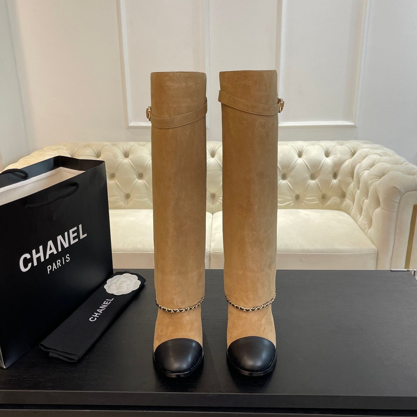 CHANEL HIGH BOOTS 6.5 CM IN CIDER BROWN SUEDE AND BLACK CALFSKIN