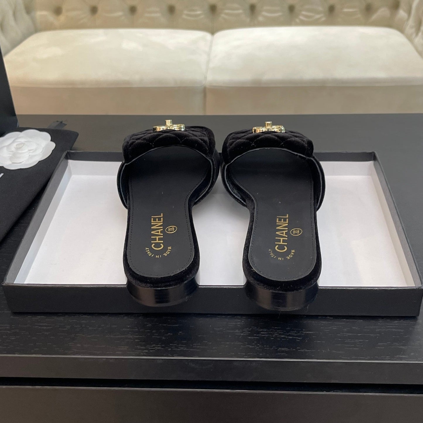 CHANEL FLAT MULE IN BLACK VELVET