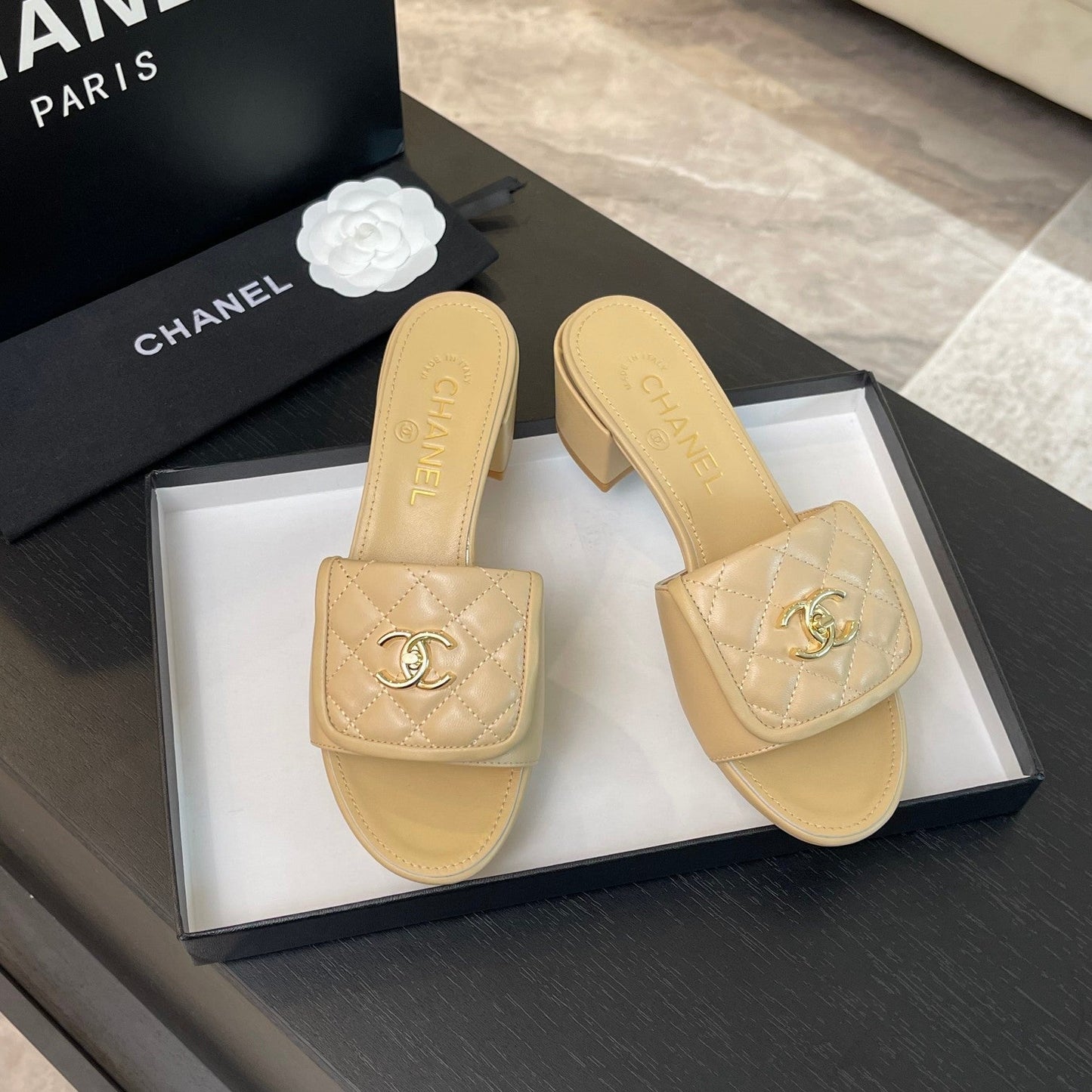 CHANEL MID-HEEL 5 CM MULE IN TUSCAN BEIGE LAMBSKIN