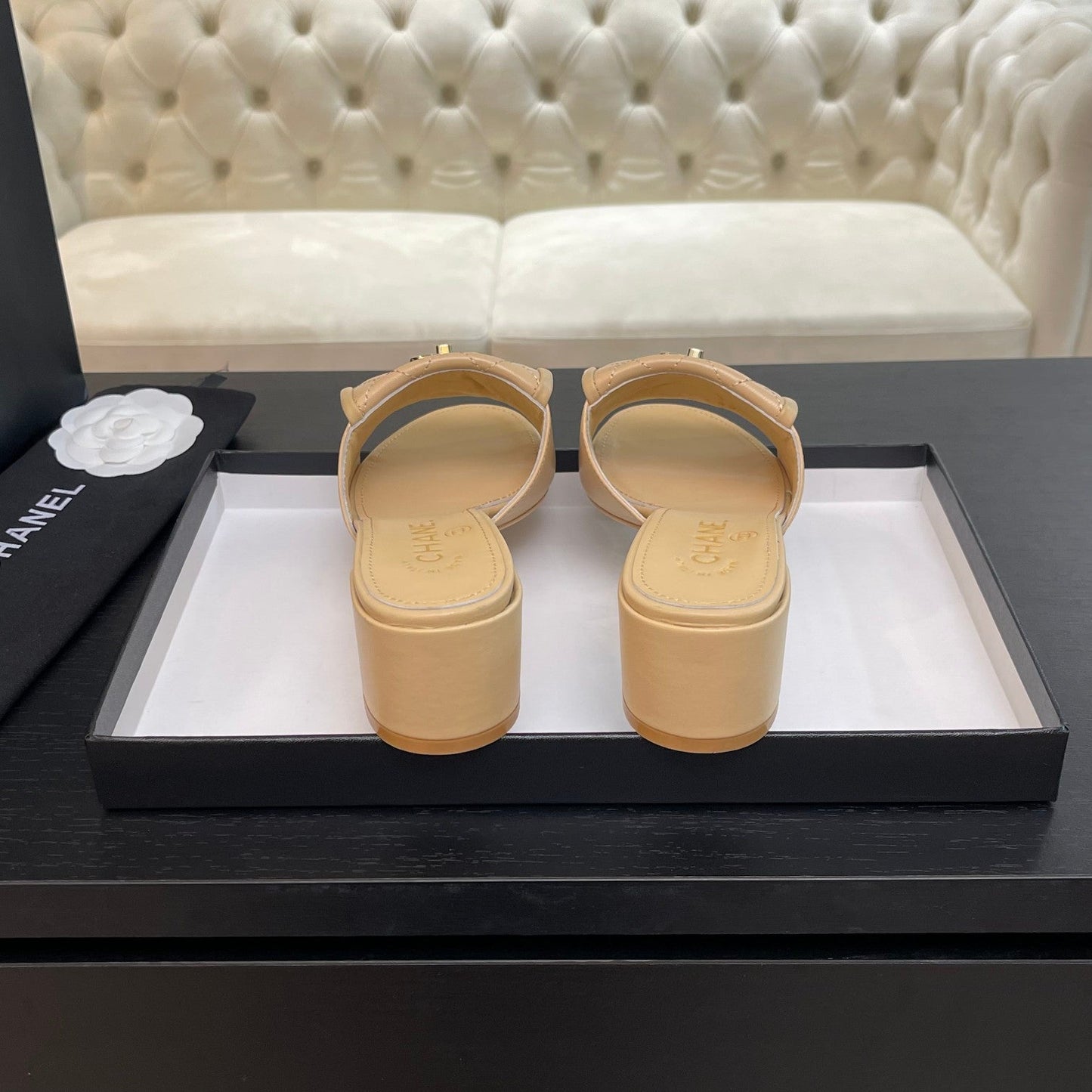 CHANEL MID-HEEL 5 CM MULE IN TUSCAN BEIGE LAMBSKIN