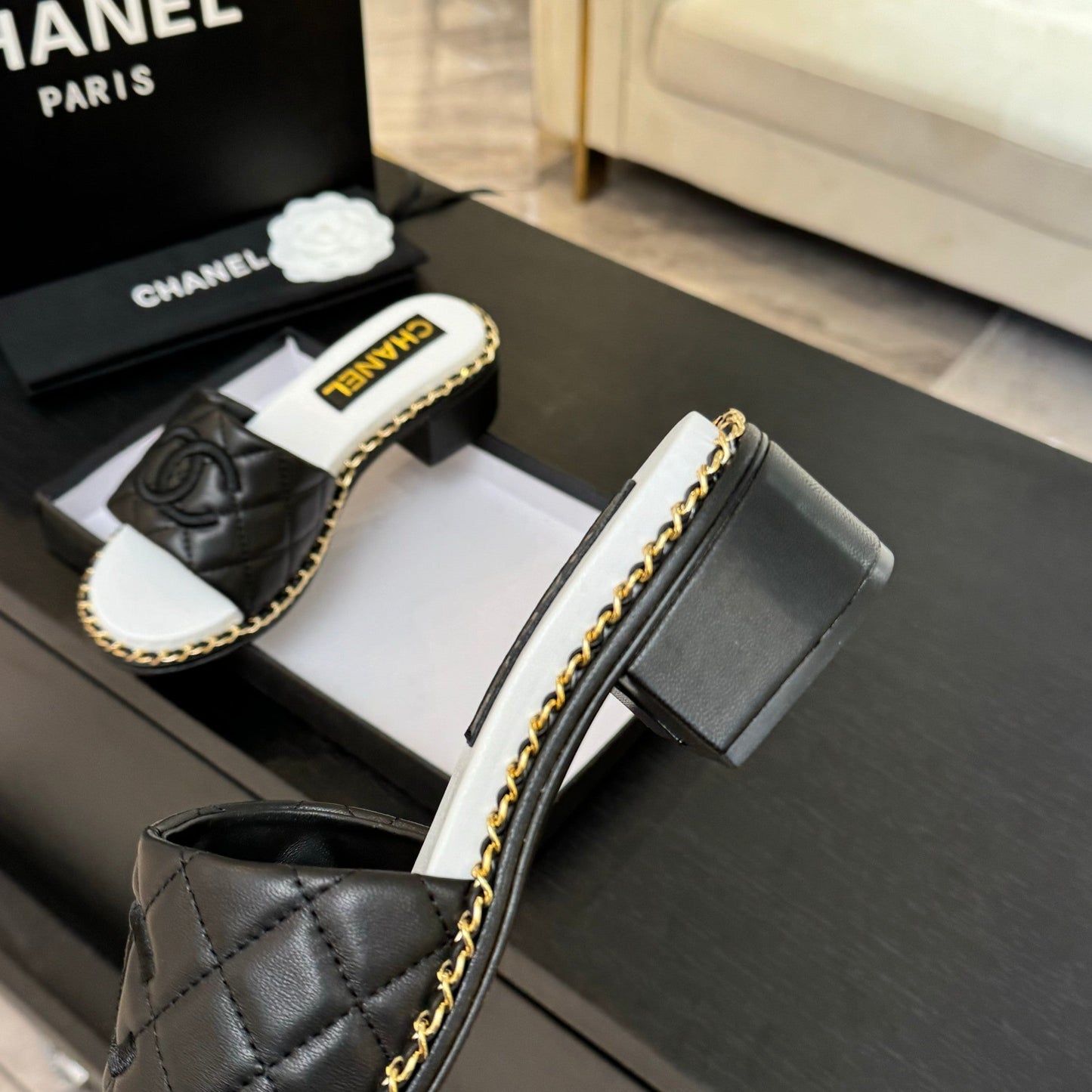 CHANEL HIGH FLATFORM SLIPPER IN BLACK EMBOSSED SHEEPSKIN