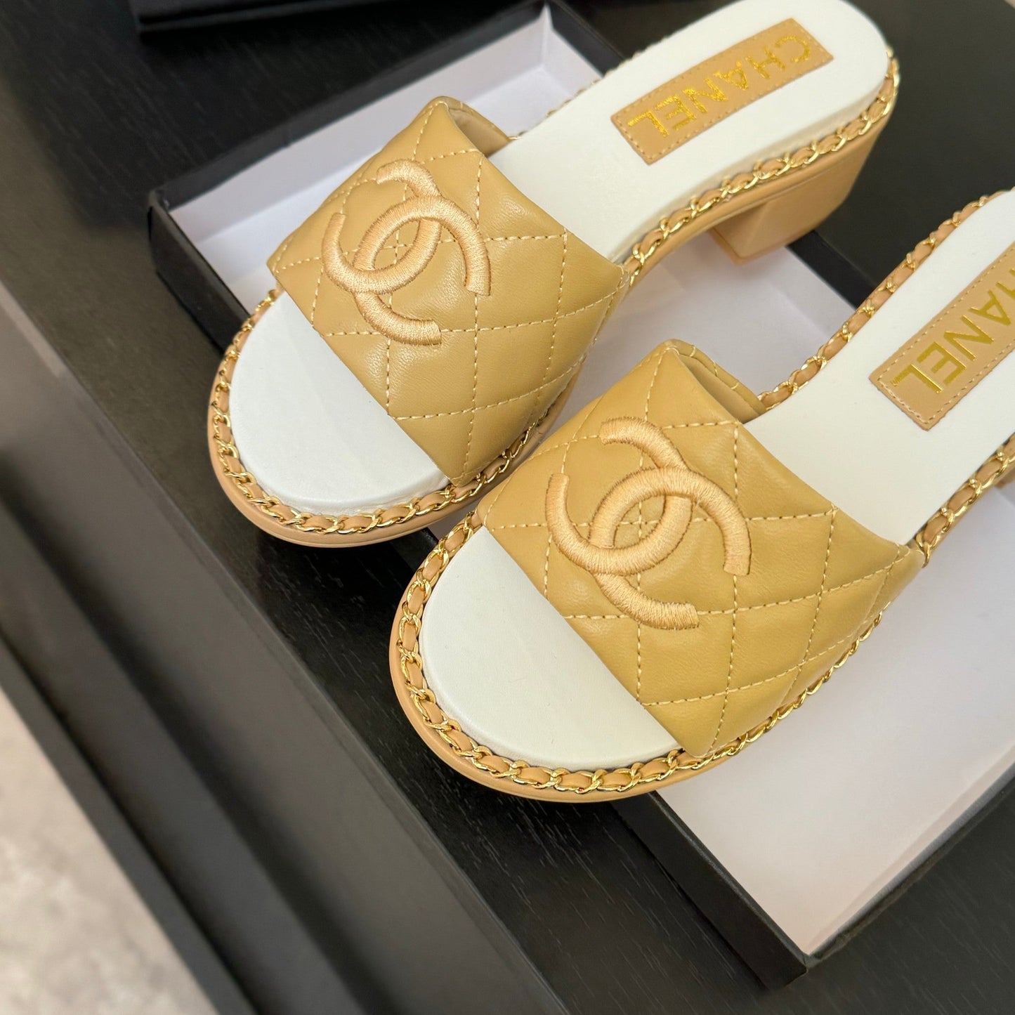 CHANEL HIGH FLATFORM SLIPPER IN DIJON YELLOW EMBOSSED SHEEPSKIN