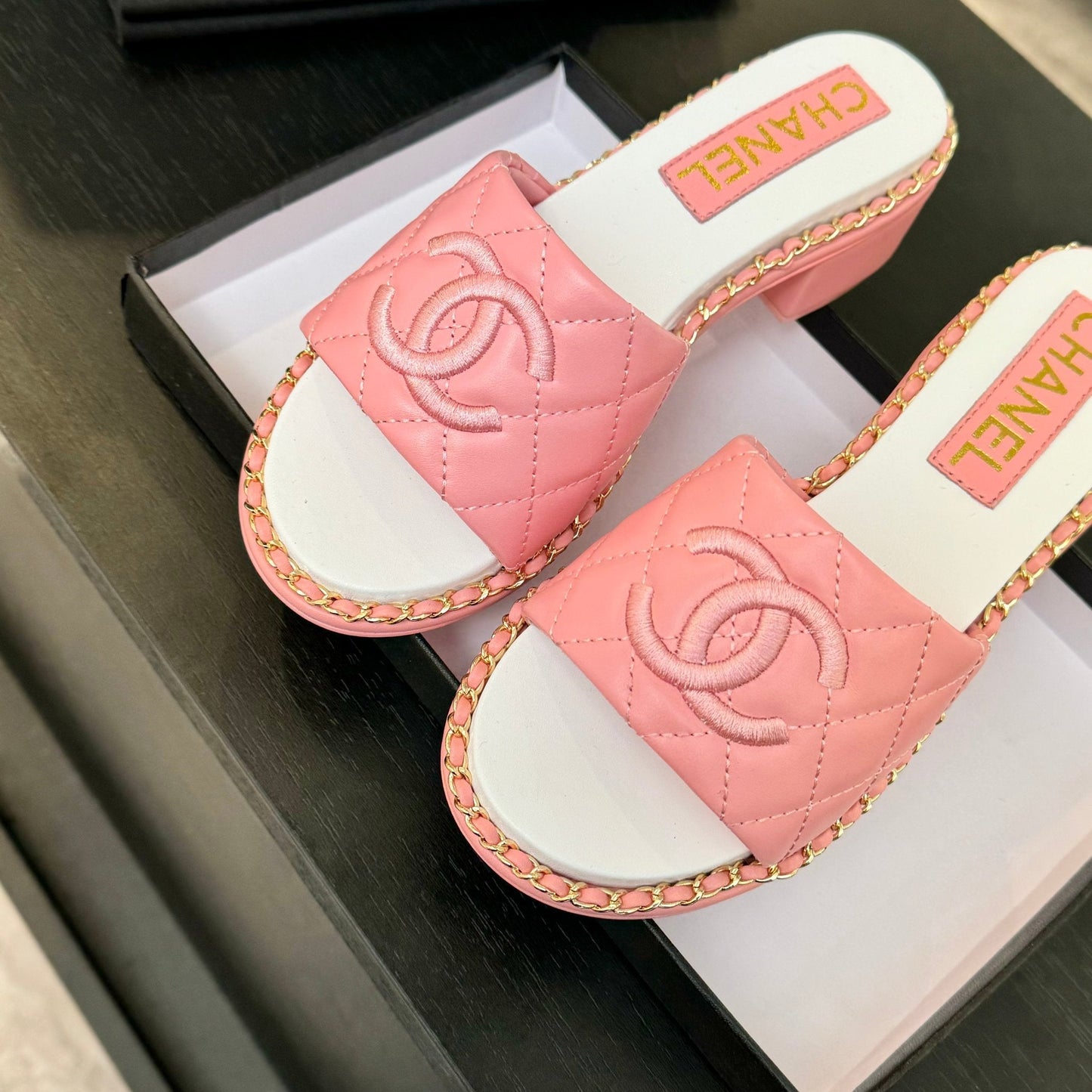 CHANEL HIGH FLATFORM SLIPPER IN ROUGE PINK EMBOSSED SHEEPSKIN