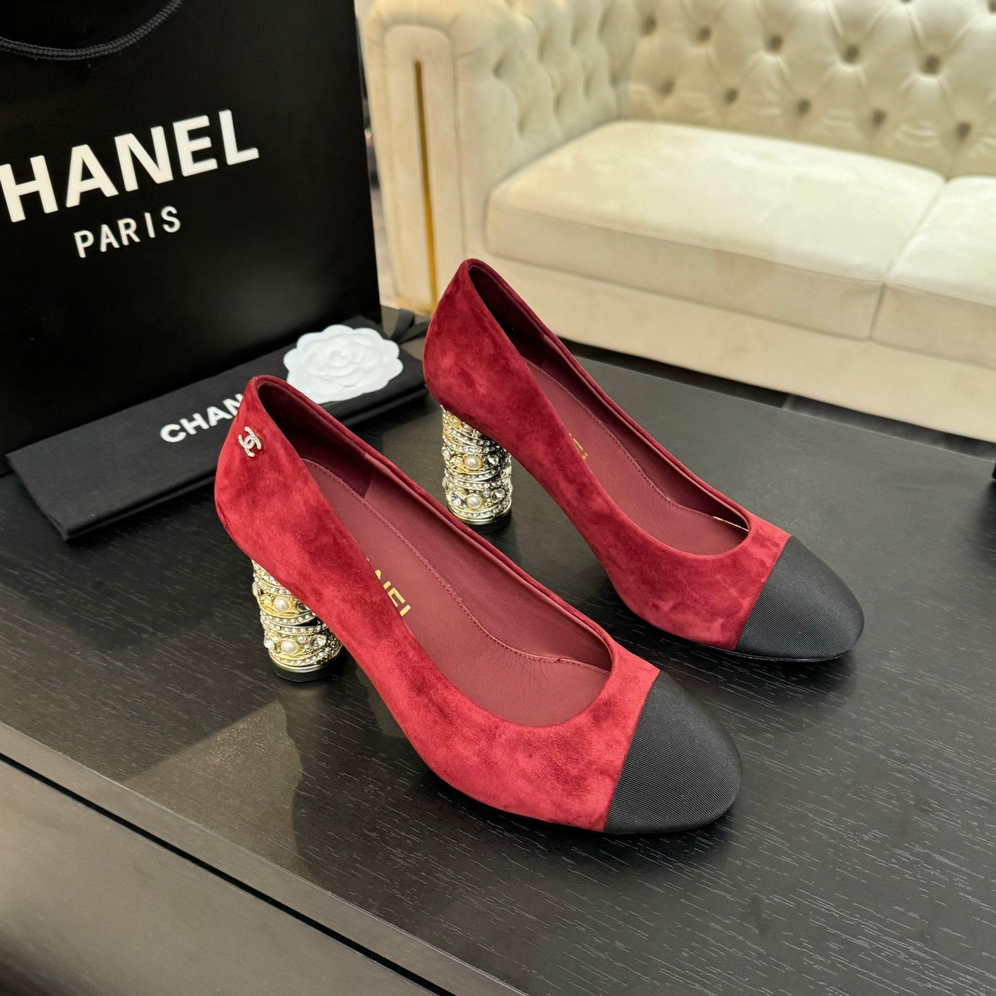 CHANEL HIGH HEEL 85 MM SANDALS IN RUBY RED SUEDE AND BLACK FABRIC