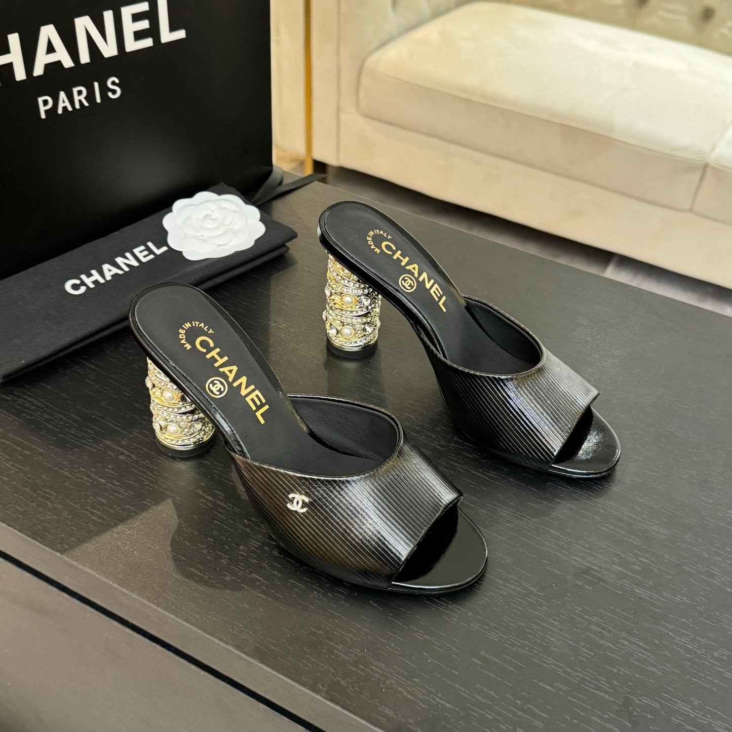CHANEL T-STRAP PEARL HEEL 85 MM SANDALS IN BLACK LAMBSKIN MULE