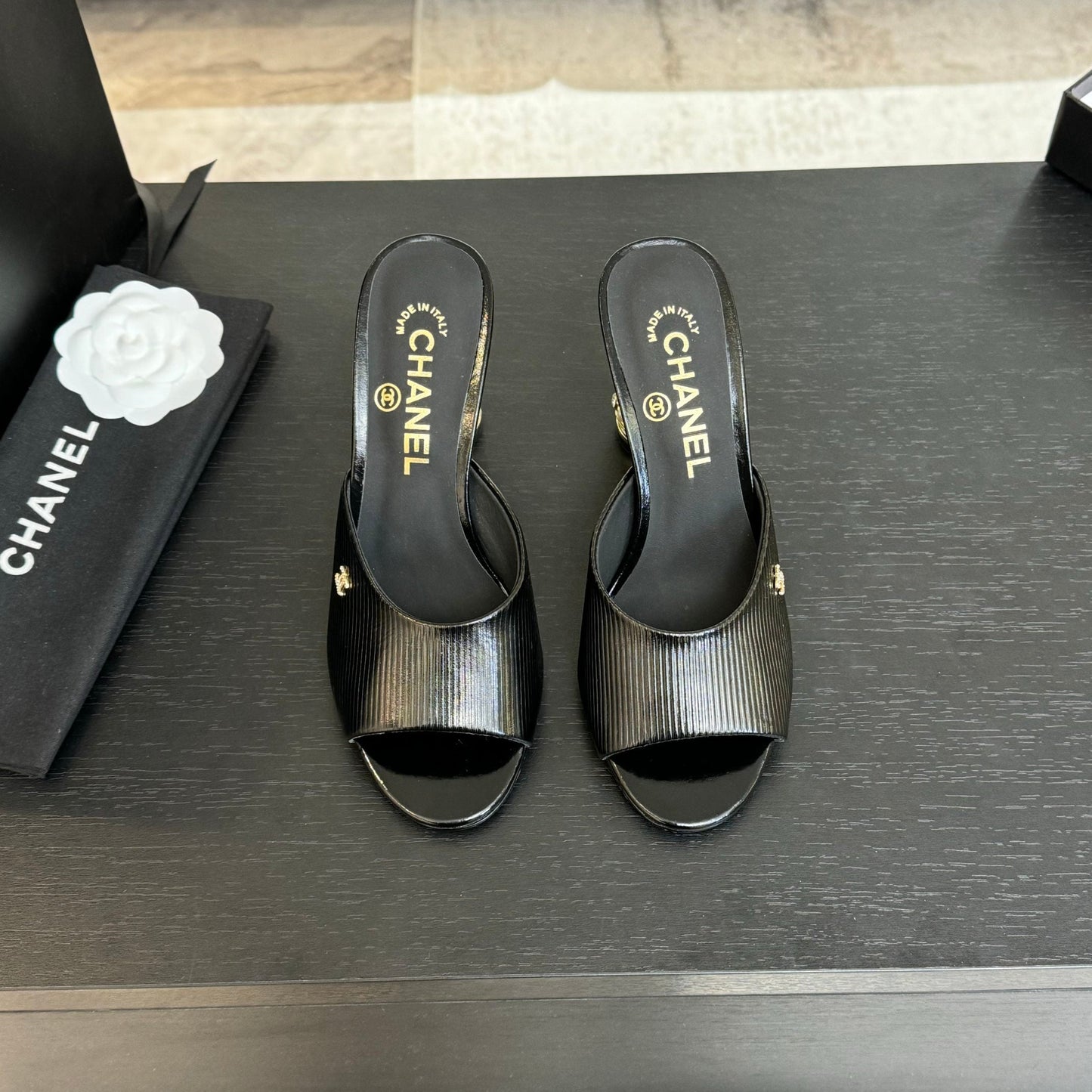 CHANEL T-STRAP PEARL HEEL 85 MM SANDALS IN BLACK LAMBSKIN MULE