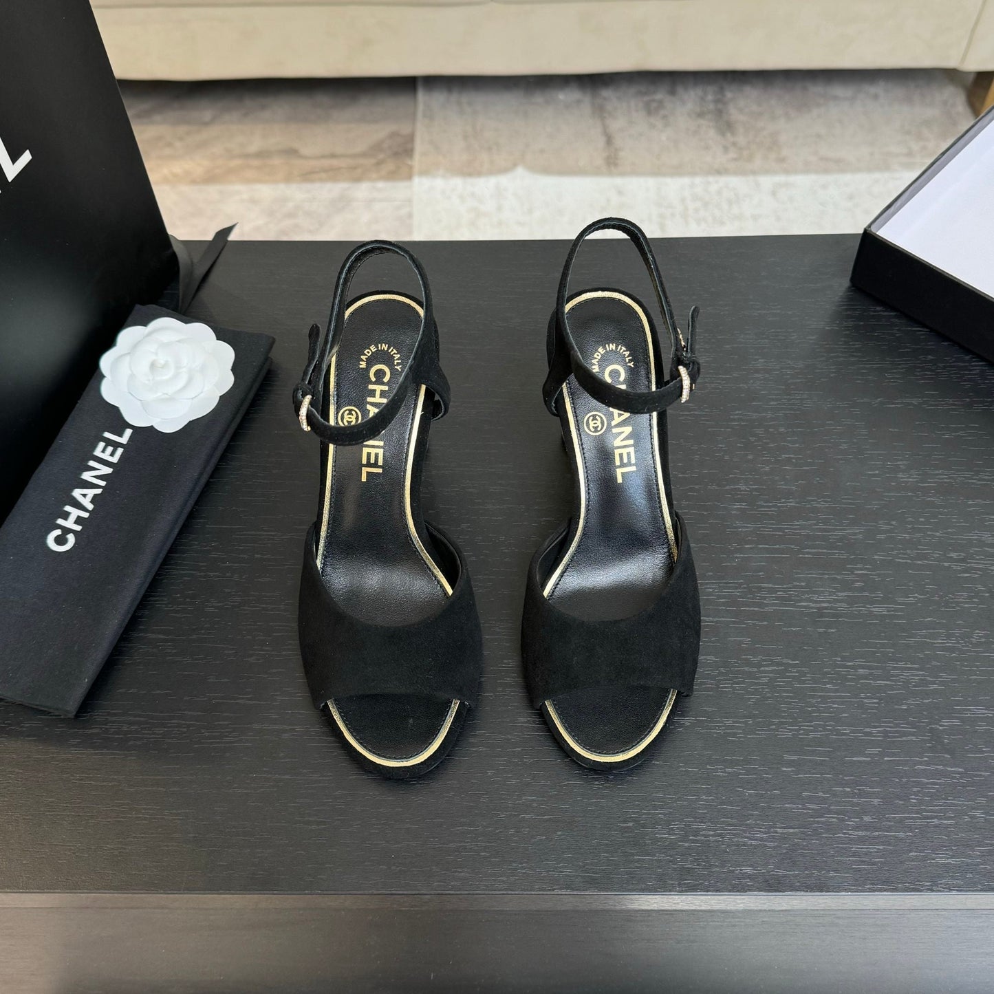 CHANEL T-STRAP PEARL HEEL 85 MM SANDALS IN BLACK SUEDE