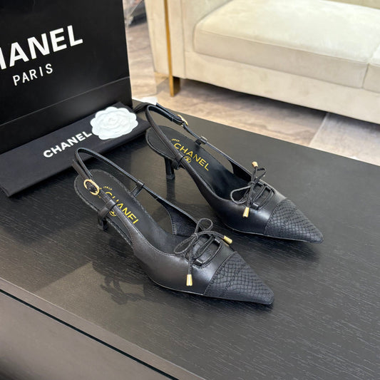 CHANEL HIGH HEEL SLINGBACKS 65 MM IN BLACK WITH SNAKESKIN PATTERN LAMBSKIN