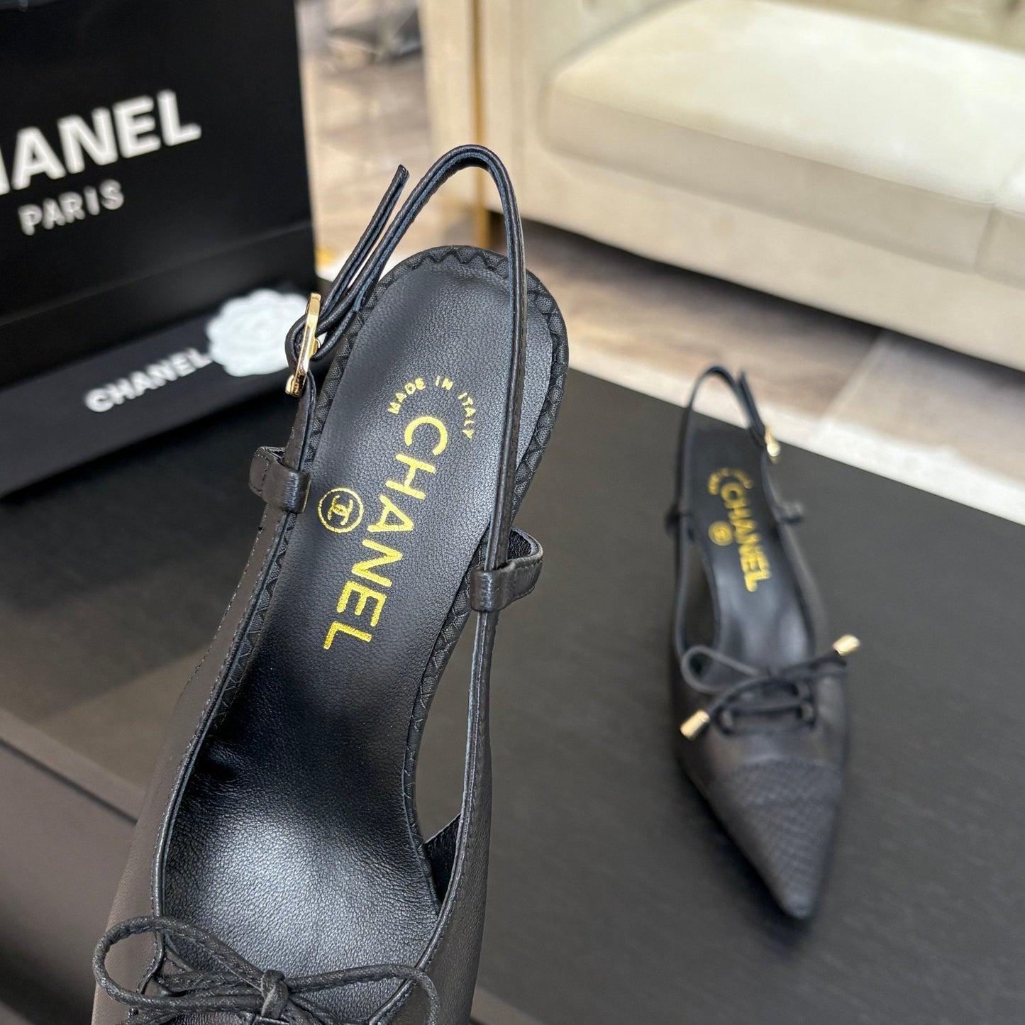 CHANEL HIGH HEEL SLINGBACKS 65 MM IN BLACK WITH SNAKESKIN PATTERN LAMBSKIN