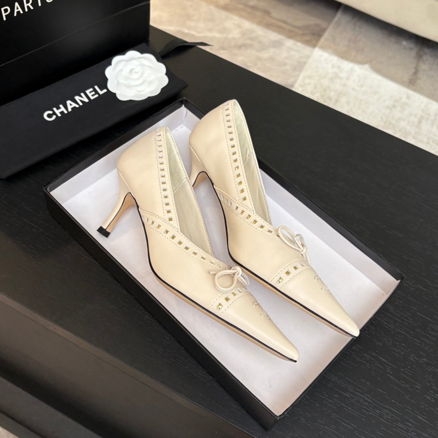 CHANEL HIGH HEEL PUMP 65 MM IN WHITE CREAM LAMBSKIN