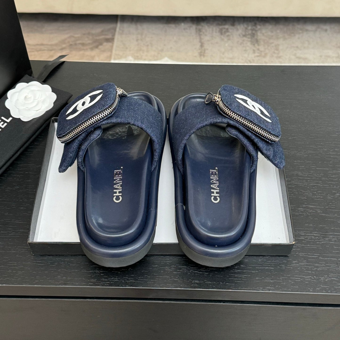 CHANEL SLIDE IN NAVY BLUE DENIM FABRIC 45 MM
