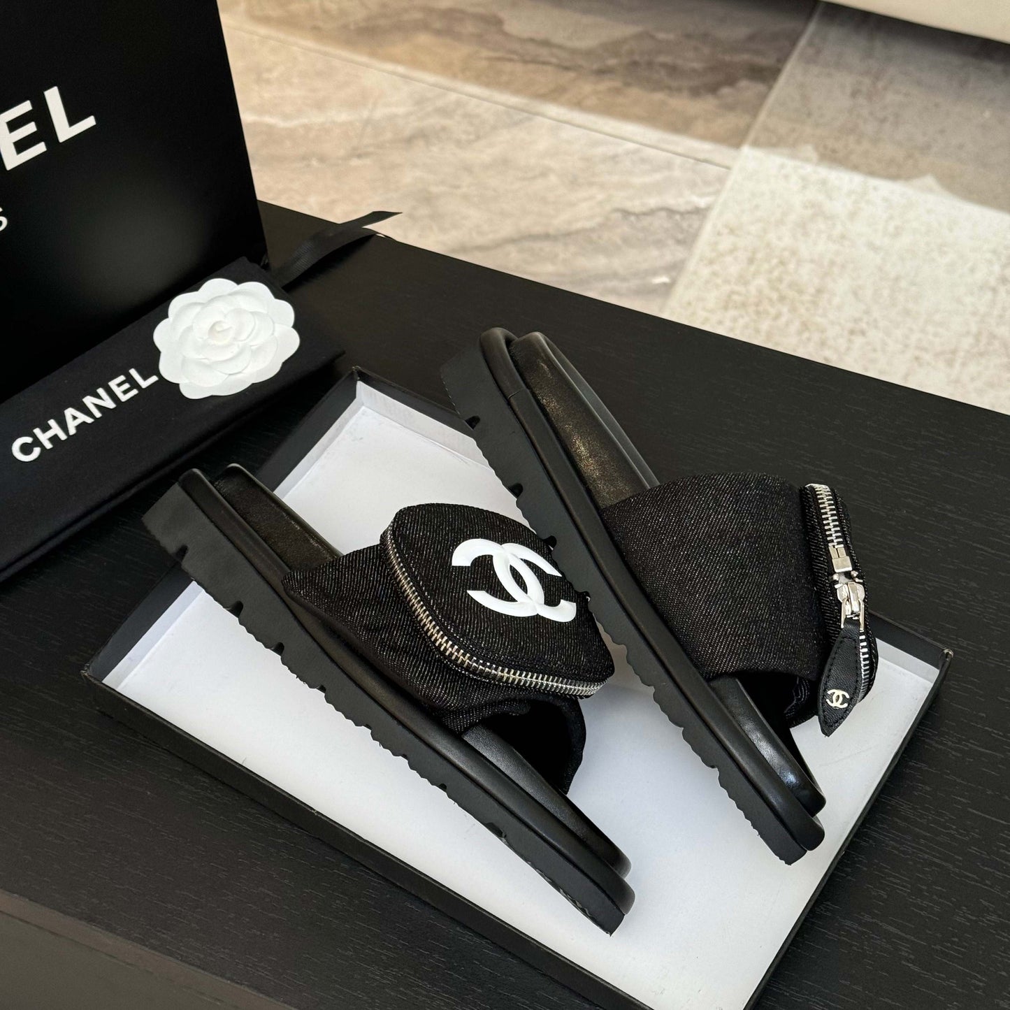 CHANEL SLIDE IN BLACK DENIM FABRIC 45 MM