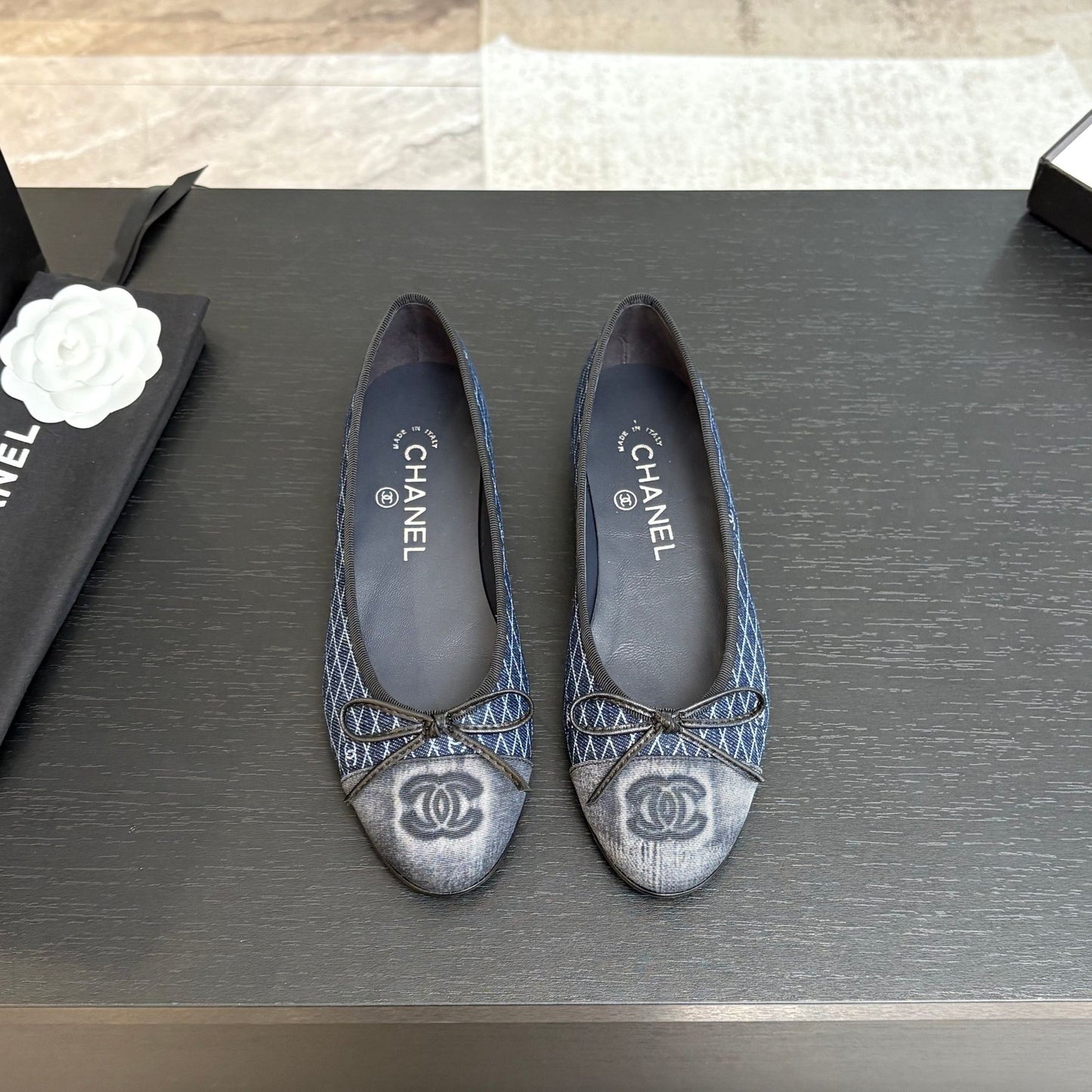 CHANEL BALLET FLATS IN AEGEAN BLUE MONOGRAM DENIM